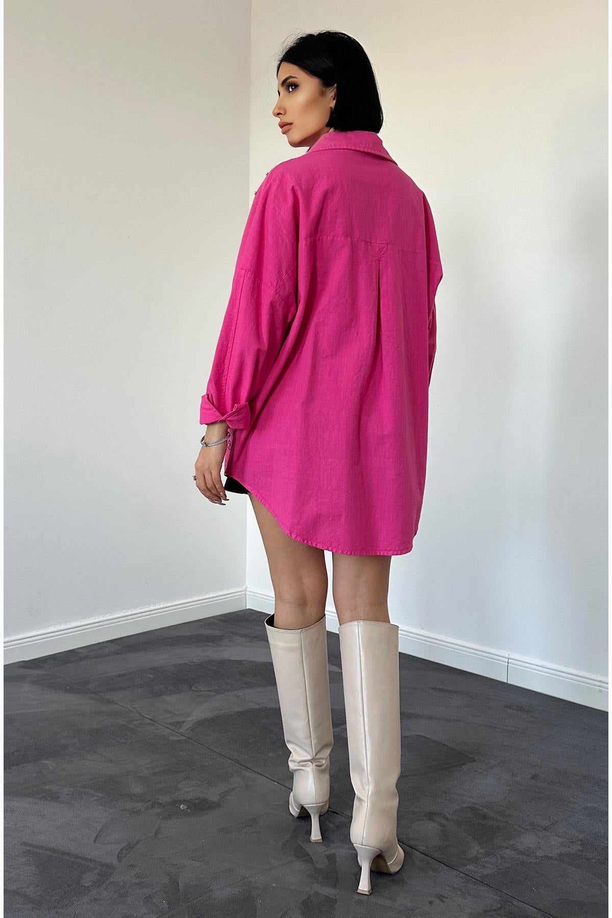 Toptan Fuşya Boyamalı Keten Baskılı Taşlı Gömlek