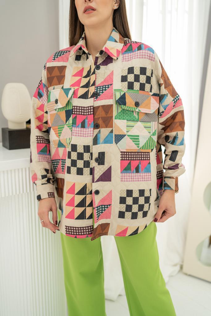 Toptan Fuşya Desenli Kapitone Cepli Gömlek