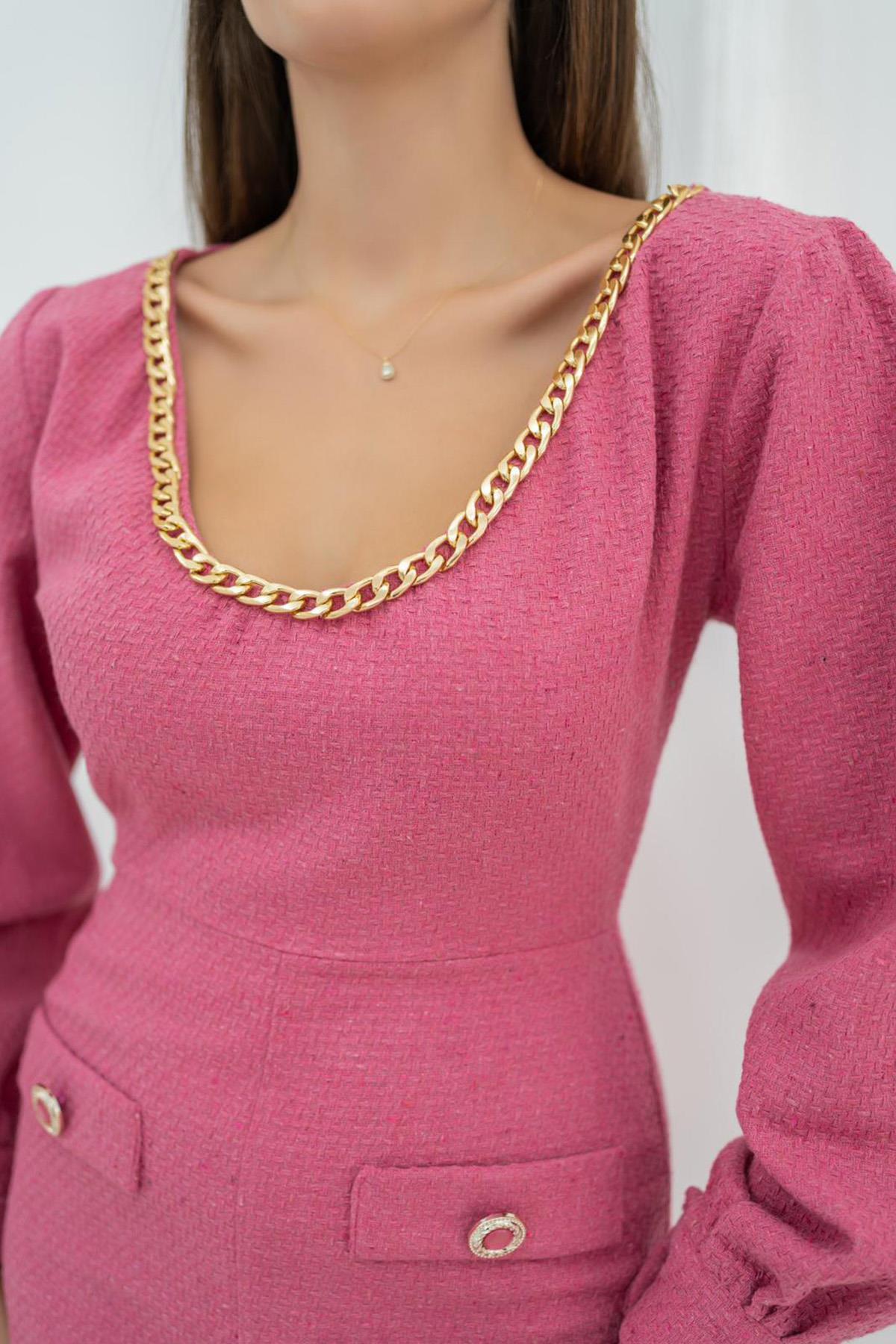 Toptan Fuşya Geniş Boğazlı Elbise