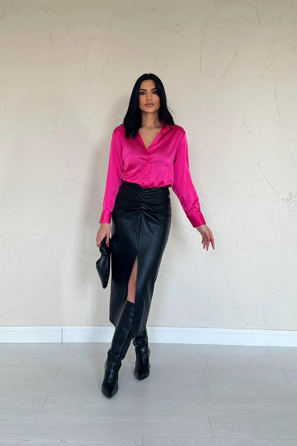 Toptan Fuşya Saten Gömlek