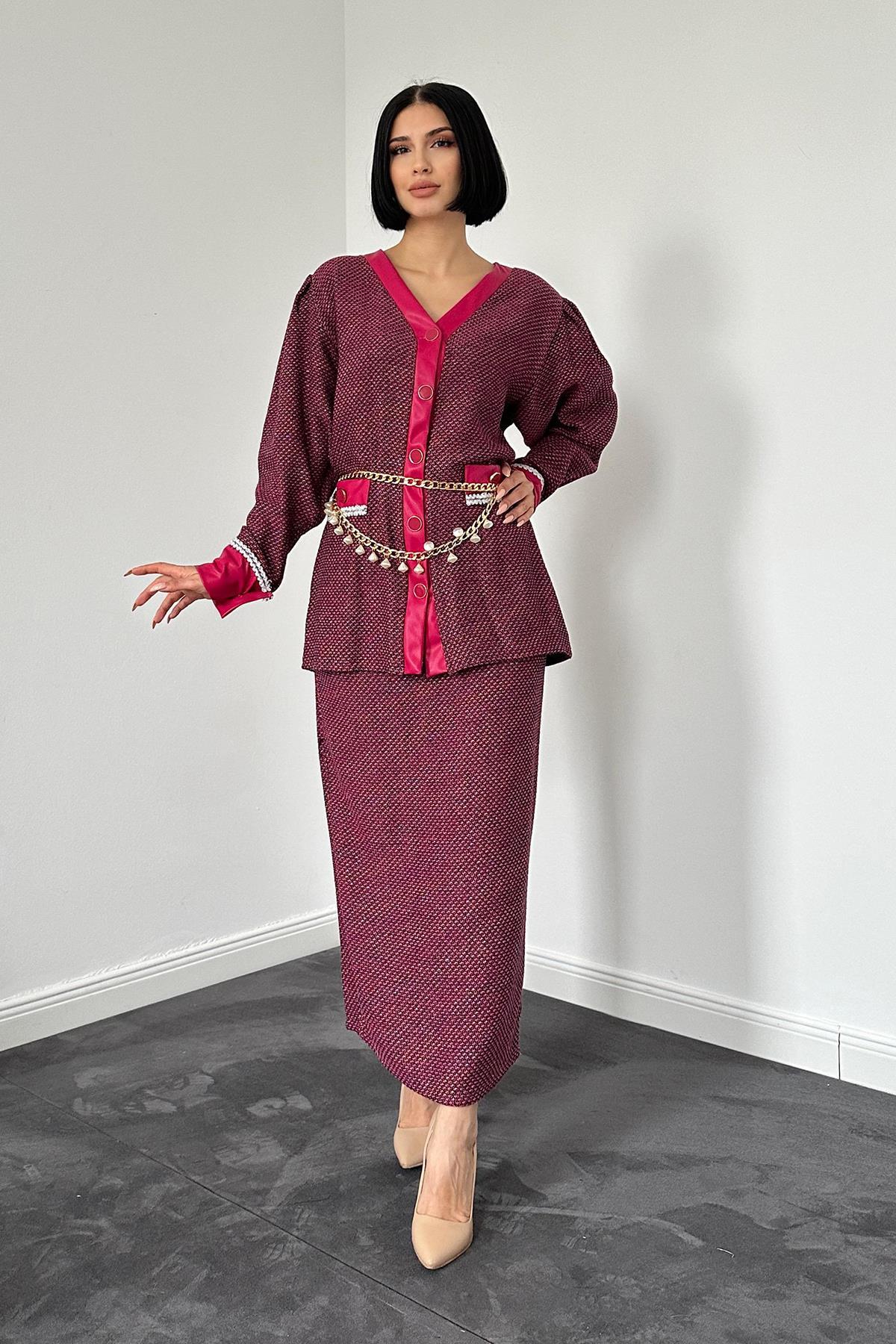 Toptan Fuşya Simli Tüvil Takım Fuşya L