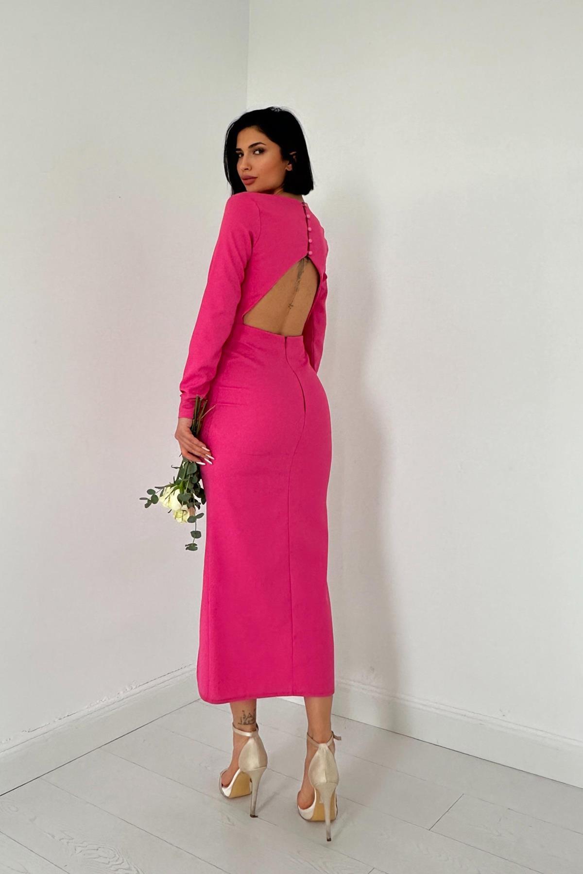 Toptan Fuşya Sırt Dekolteli Elbise