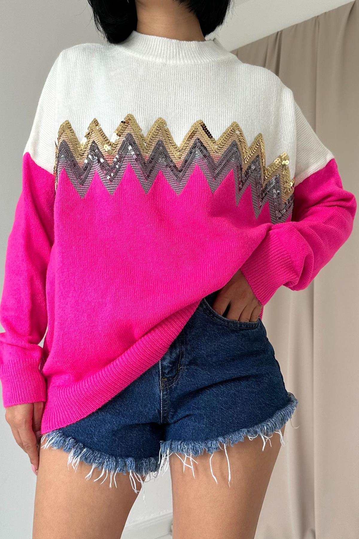 Toptan Fuşya Zikzak Desenli Triko Kazak