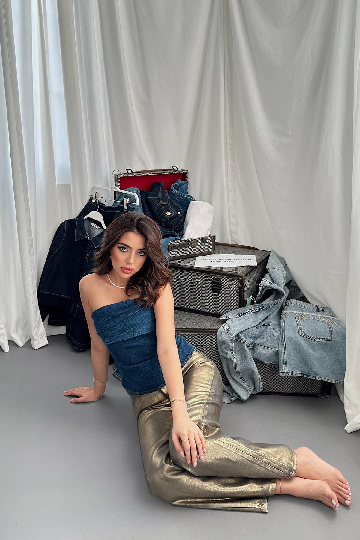 Toptan Gold Altın Varaklı Jeans Pantolon