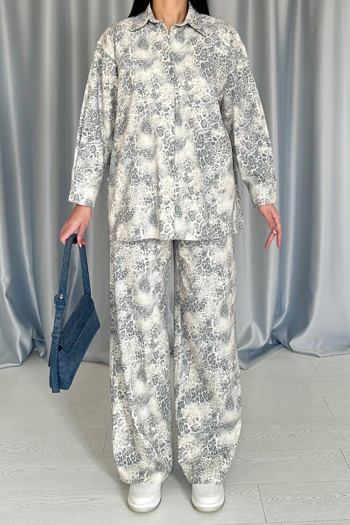 Toptan Gri Leopar Desenli Ceket Ve Pantolon Keten Takım