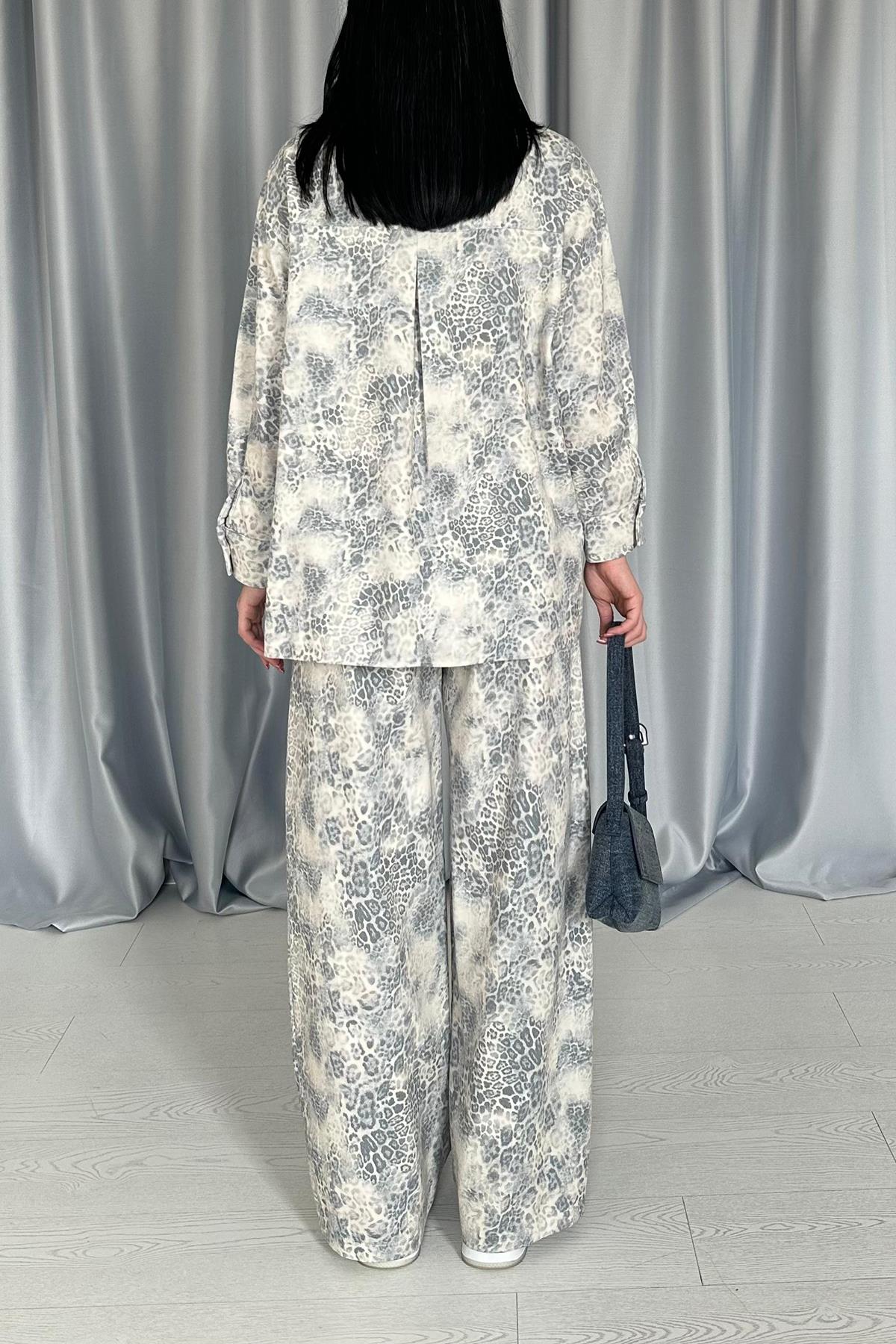 Toptan Gri Leopar Desenli Ceket Ve Pantolon Keten Takım