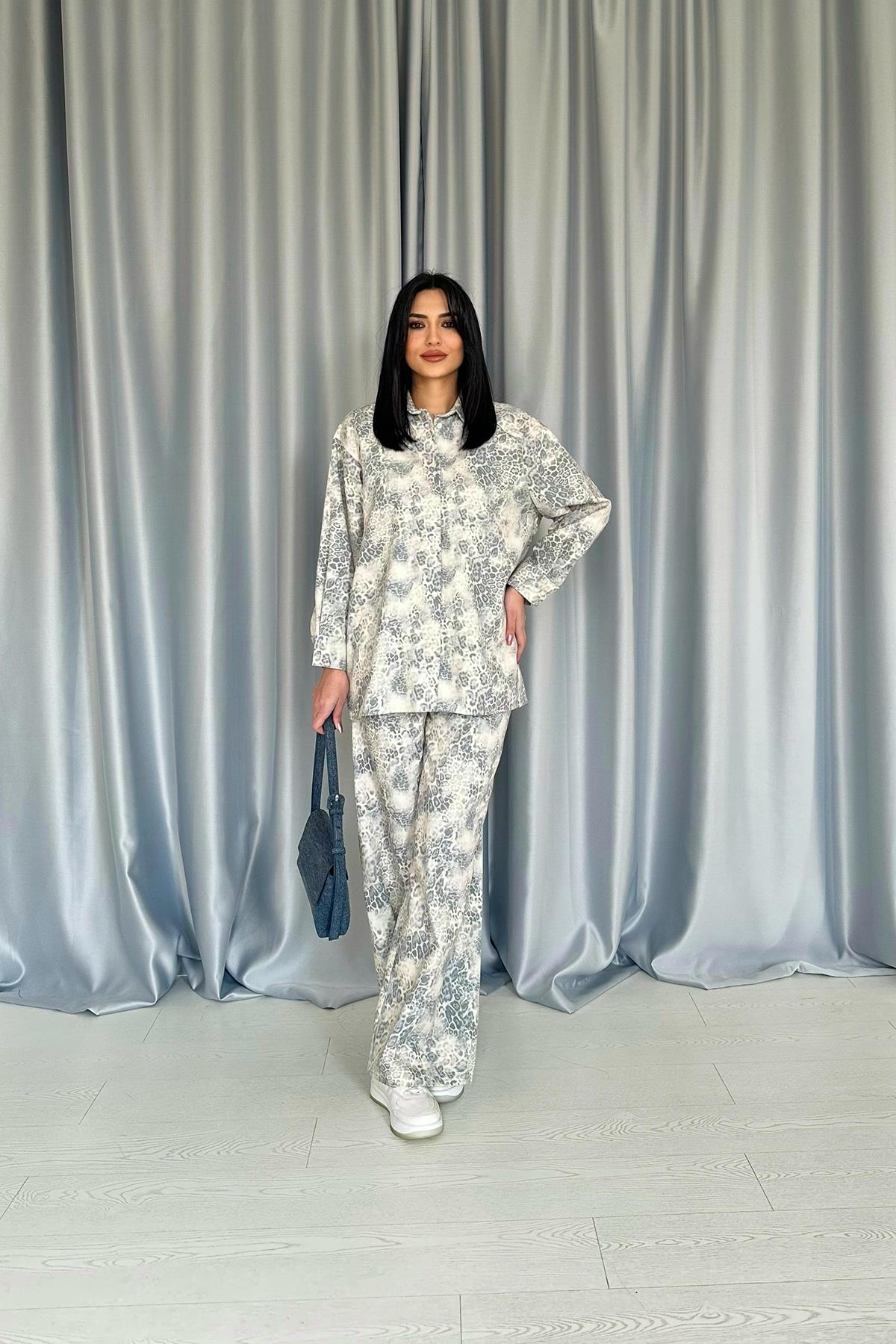 Toptan Gri Leopar Desenli Ceket Ve Pantolon Keten Takım