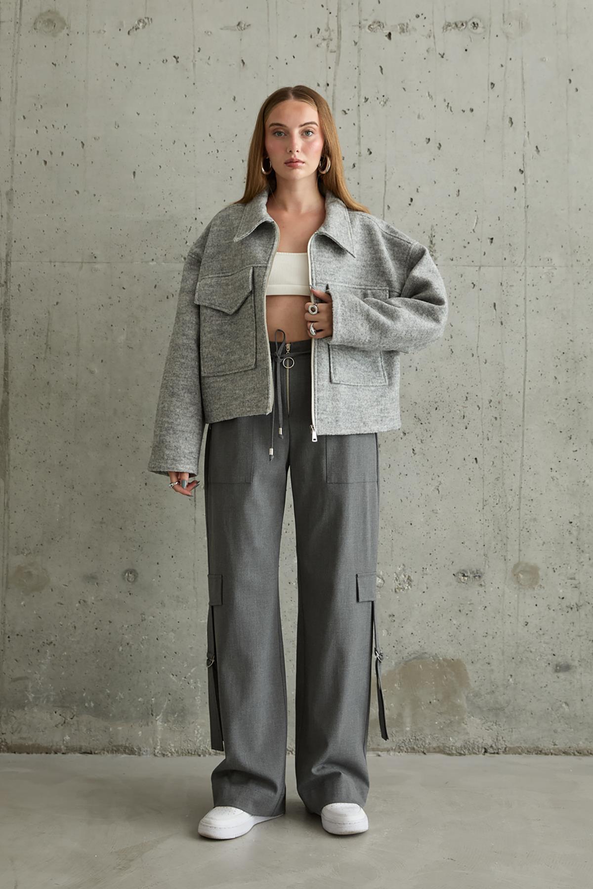 Toptan Gri Önden Fermuarlı Pantolon Gri L