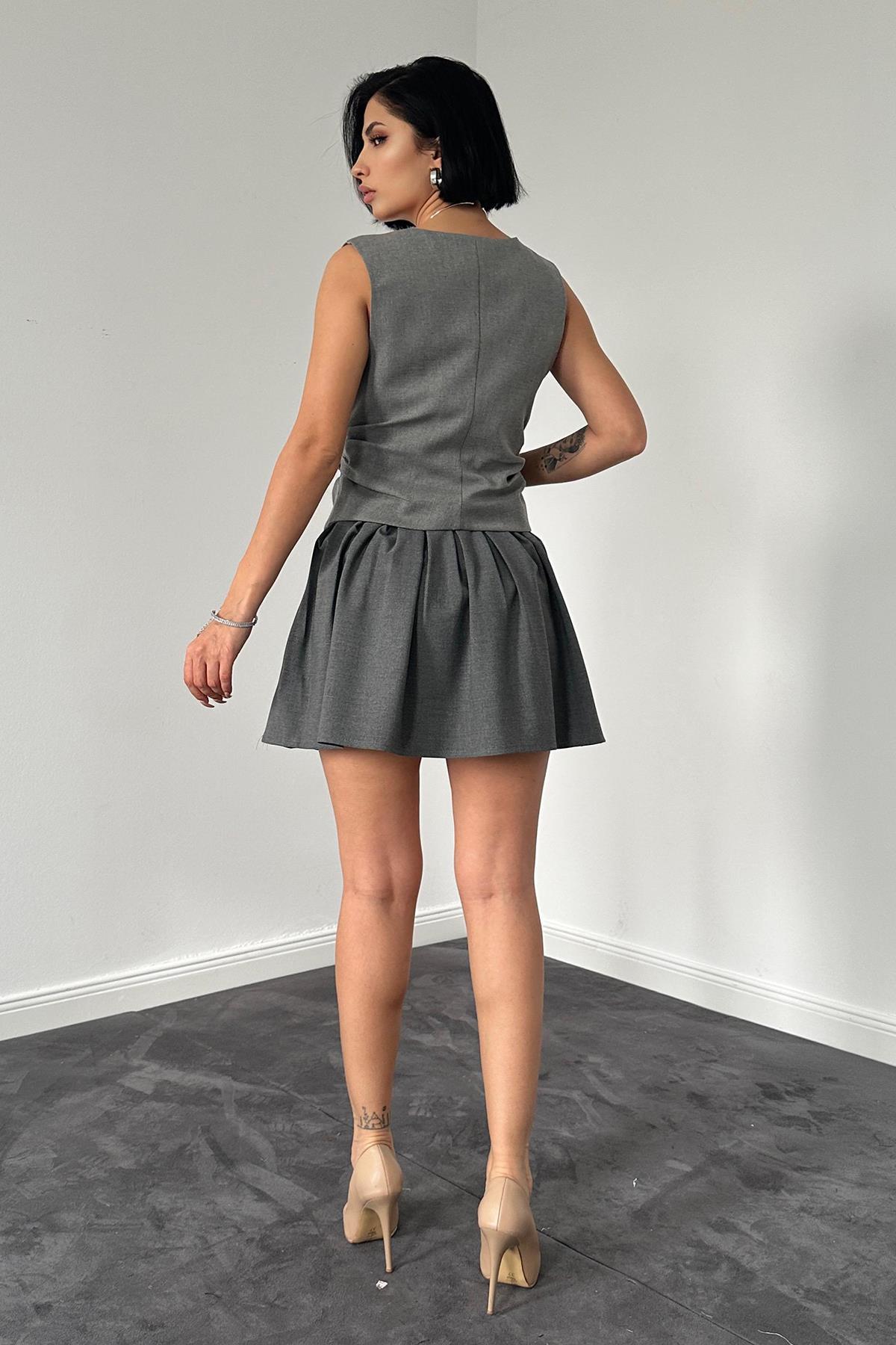 Toptan Gri Pilikaşe Mini Etek