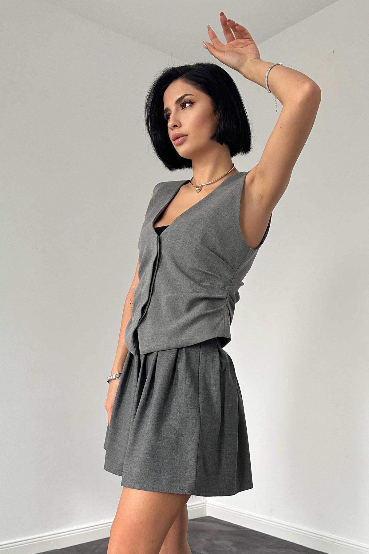 Toptan Gri Pilikaşe Mini Etek