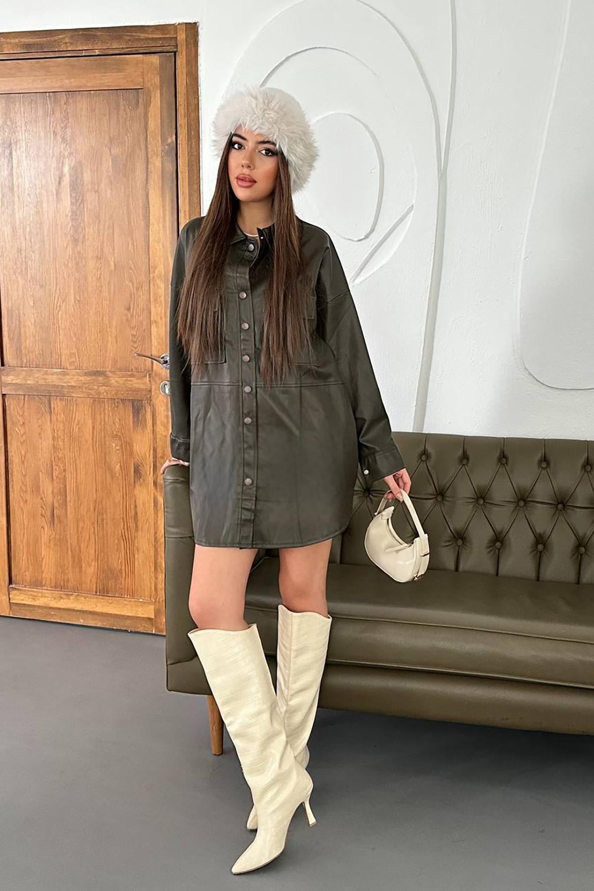 Toptan Haki Çıtçıt Kapama Cepli Deri Ceket