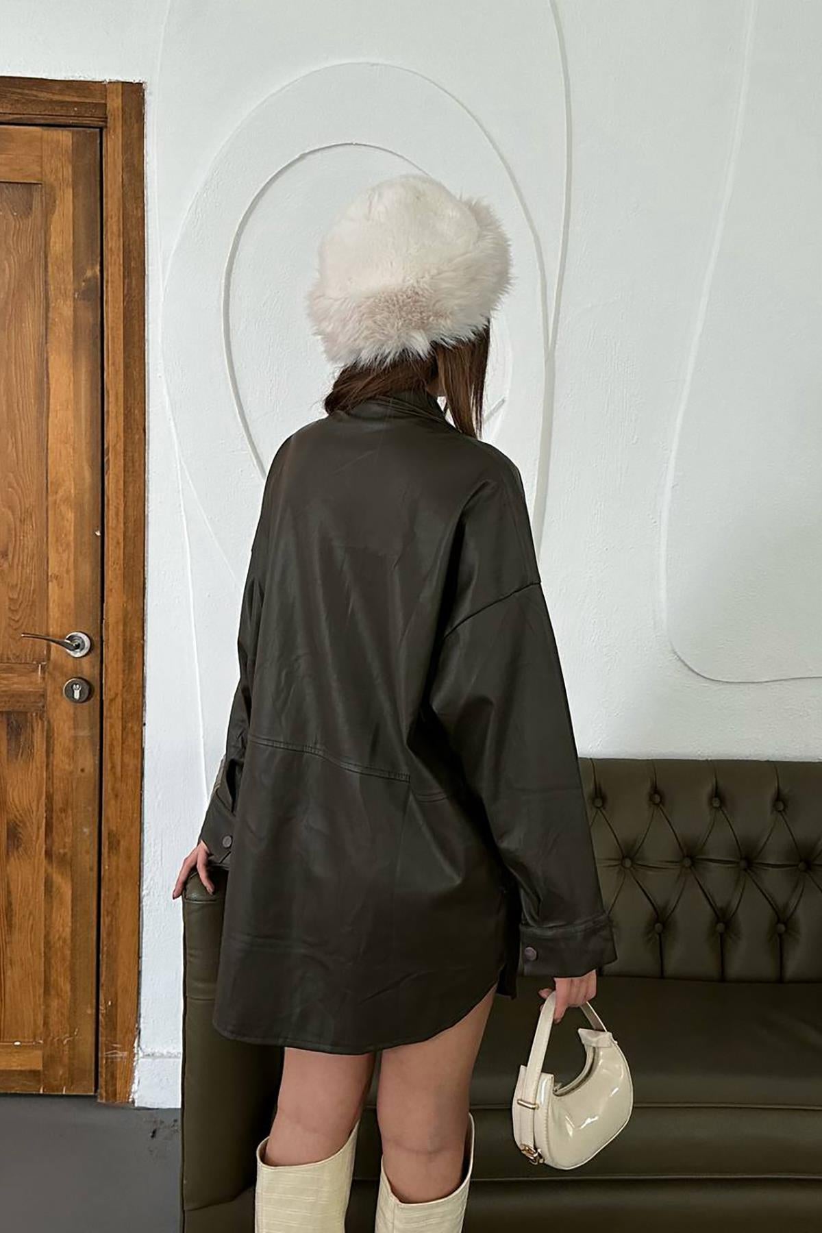 Toptan Haki Çıtçıt Kapama Cepli Deri Ceket