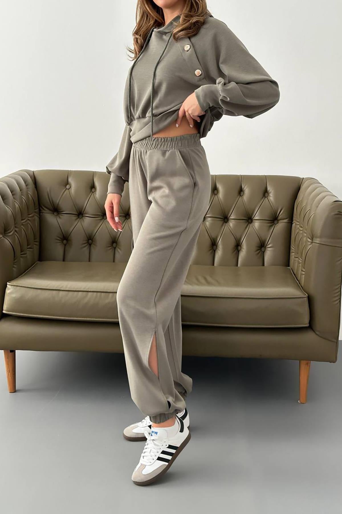 Toptan Haki Kapüşonlu Sweatshirt Ve Kargo Pantolon Takım