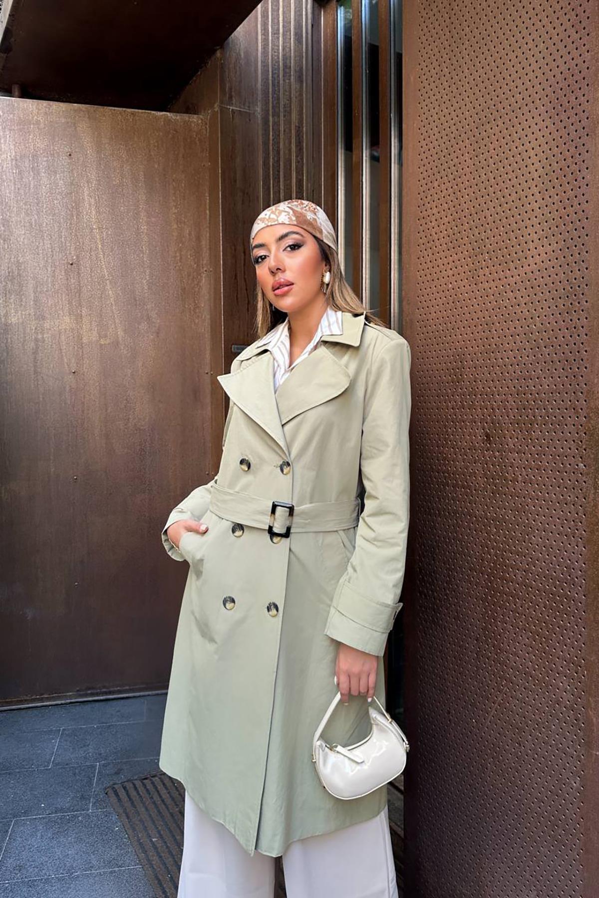 Toptan Haki Uzun Kemerli Trençkot