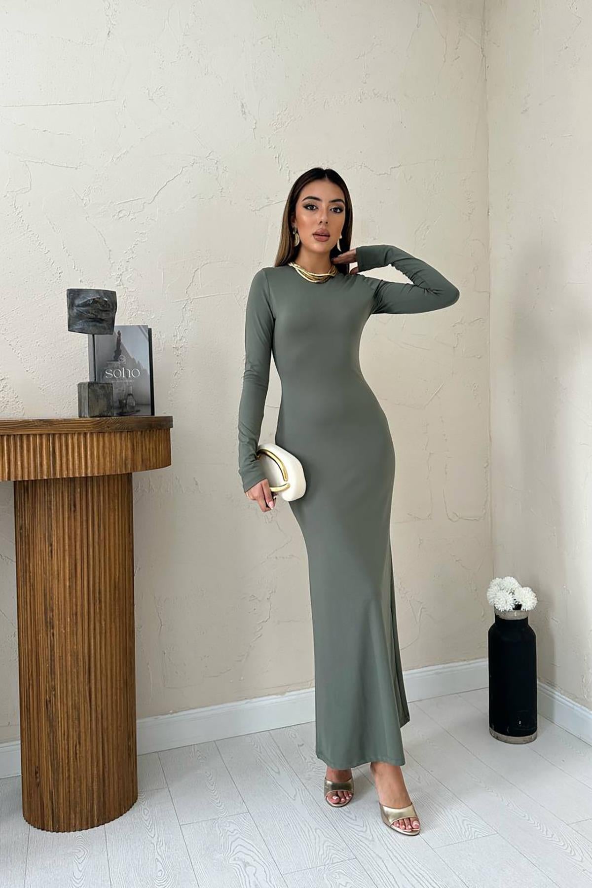 Toptan Haki Vücudu Saran Uzun Elbise Haki L