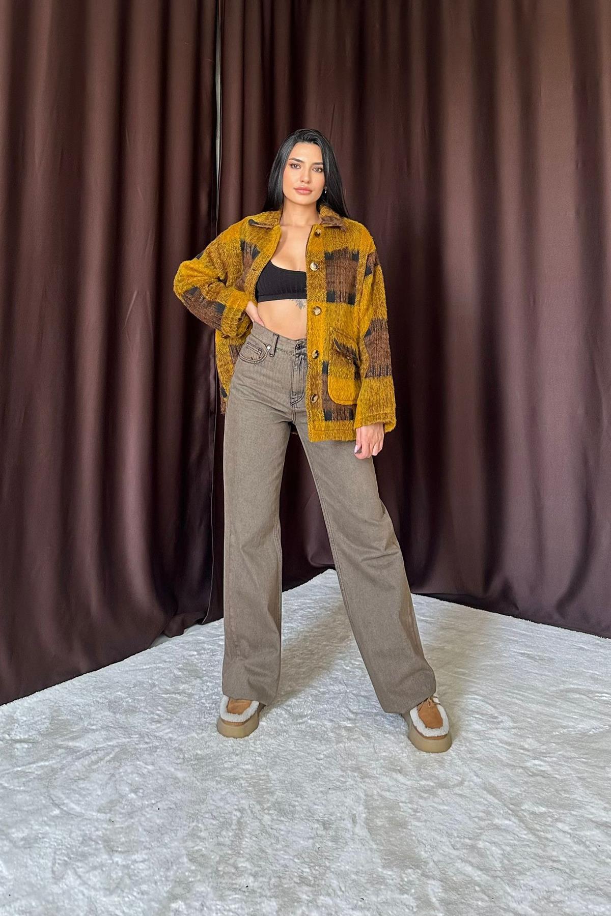 Toptan Hardal Siyah Düğmeli Ekoseli Kadın Kaban