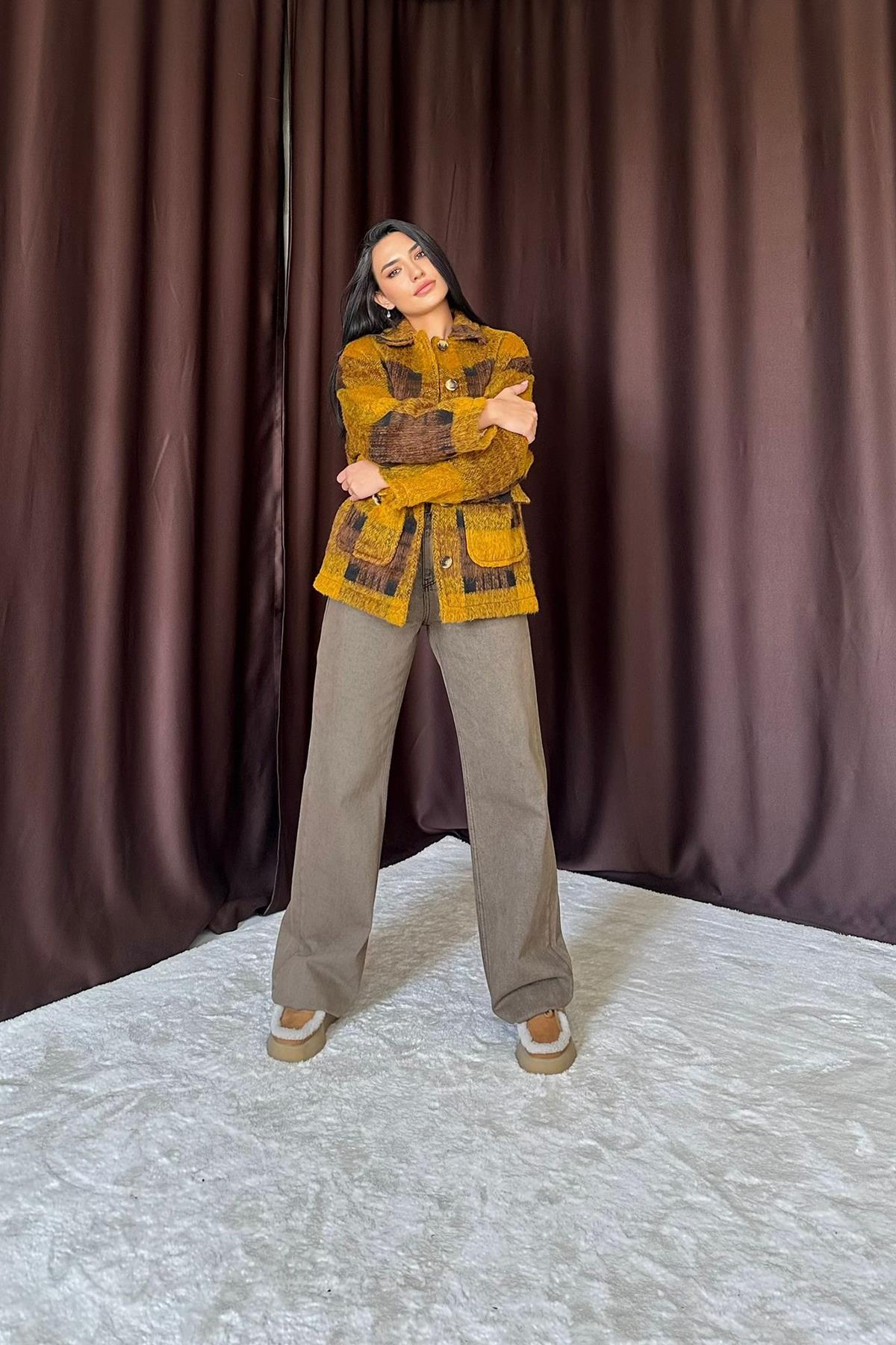 Toptan Hardal Siyah Düğmeli Ekoseli Kadın Kaban Hardal Siyah M