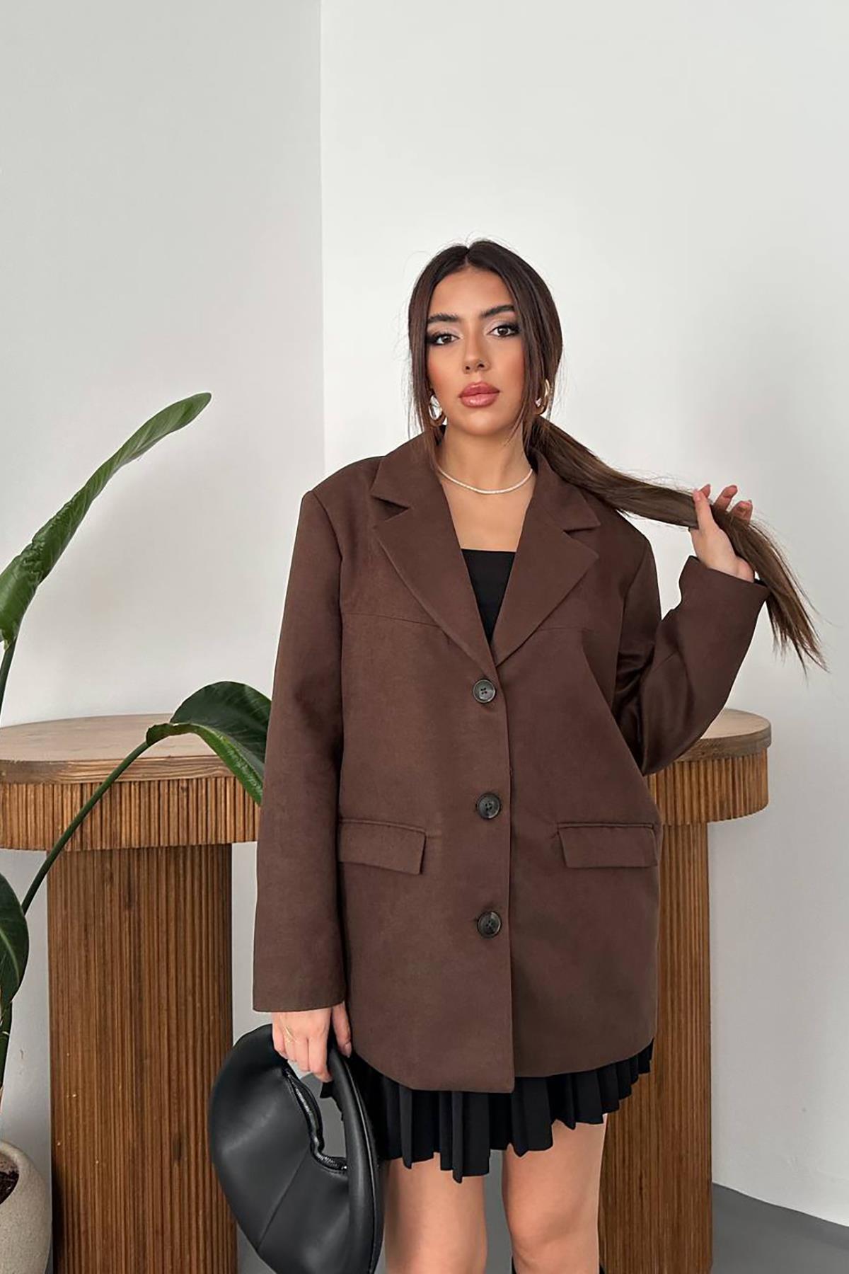 Toptan Kahverengi Blazer Süet Ceket Kahverengi L