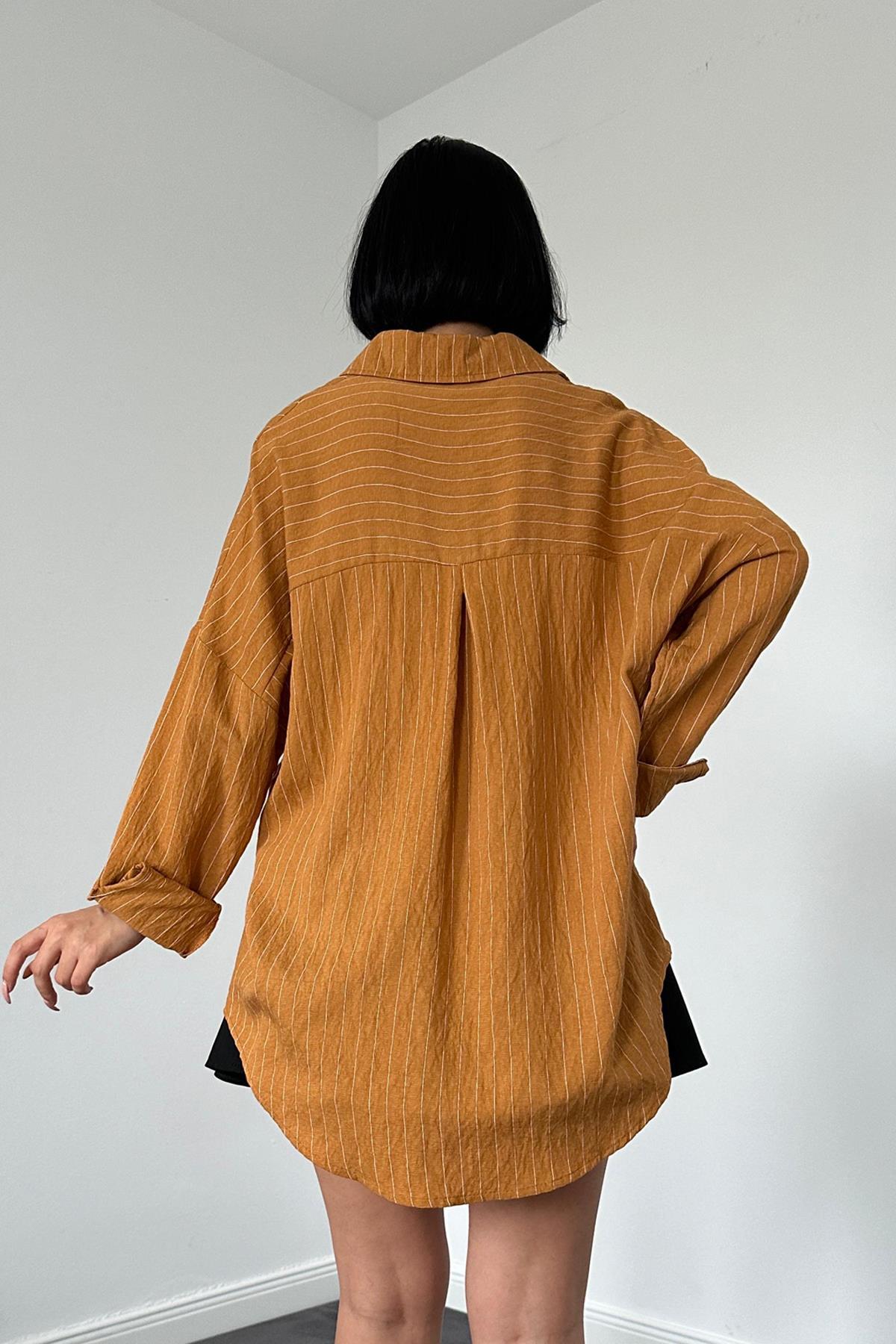 Toptan Kahverengi Çizgili Kristal Taşlı Klasik Gömlek