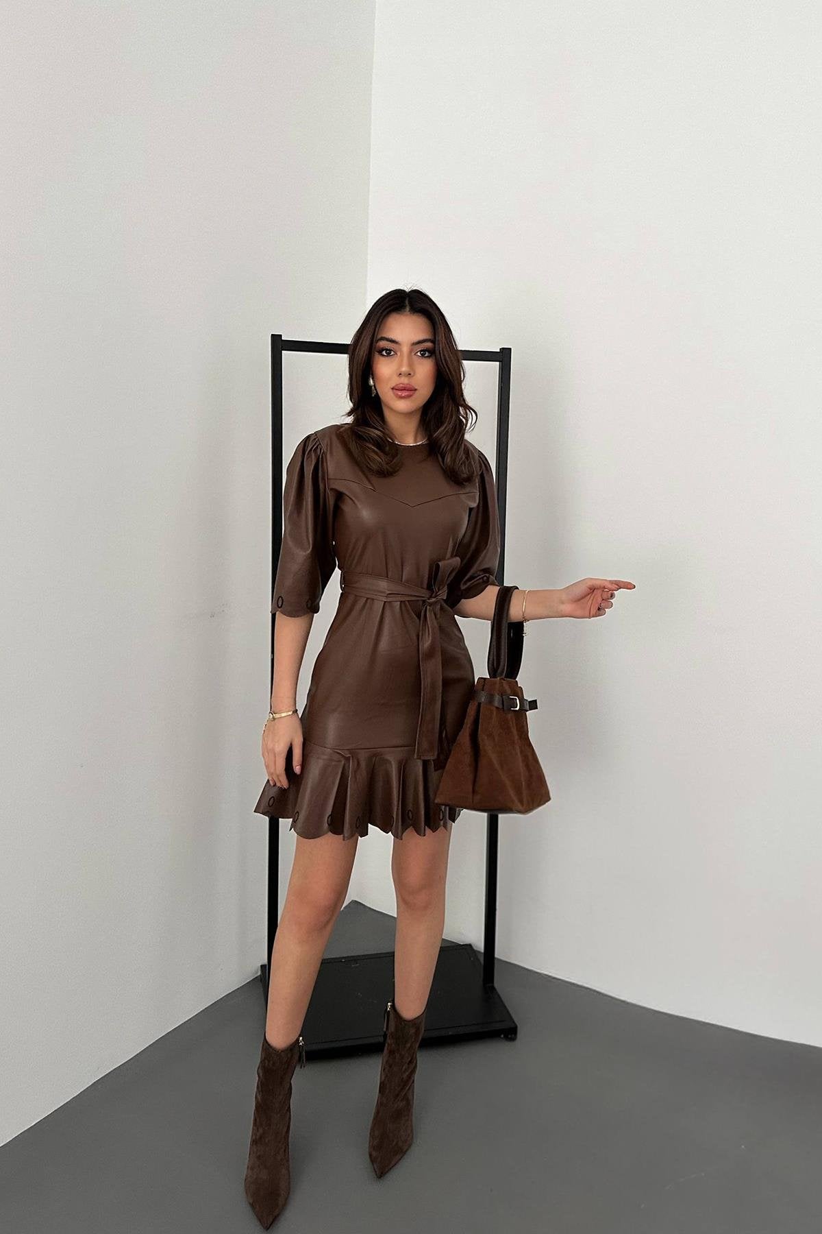 Toptan Kahverengi Deri Mini Elbise