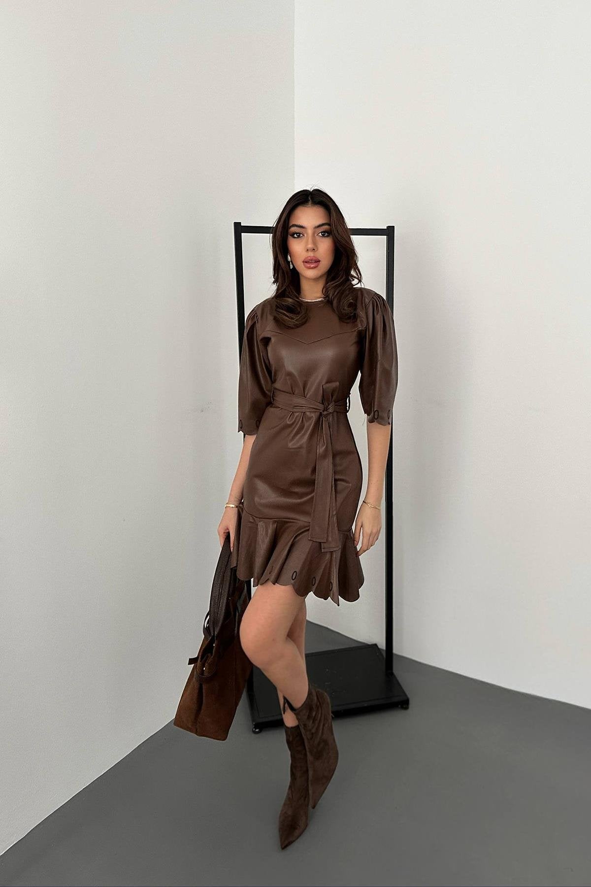 Toptan Kahverengi Deri Mini Elbise Kahve L