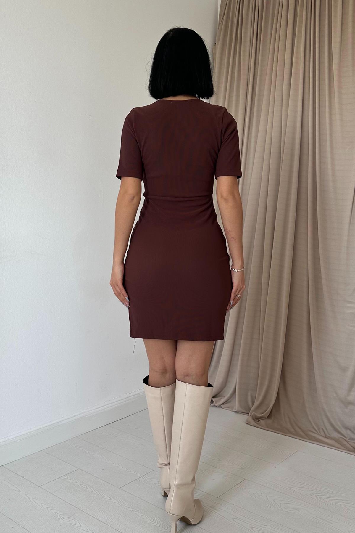 Toptan Kahverengi Fermuarlı Ottoman Elbise