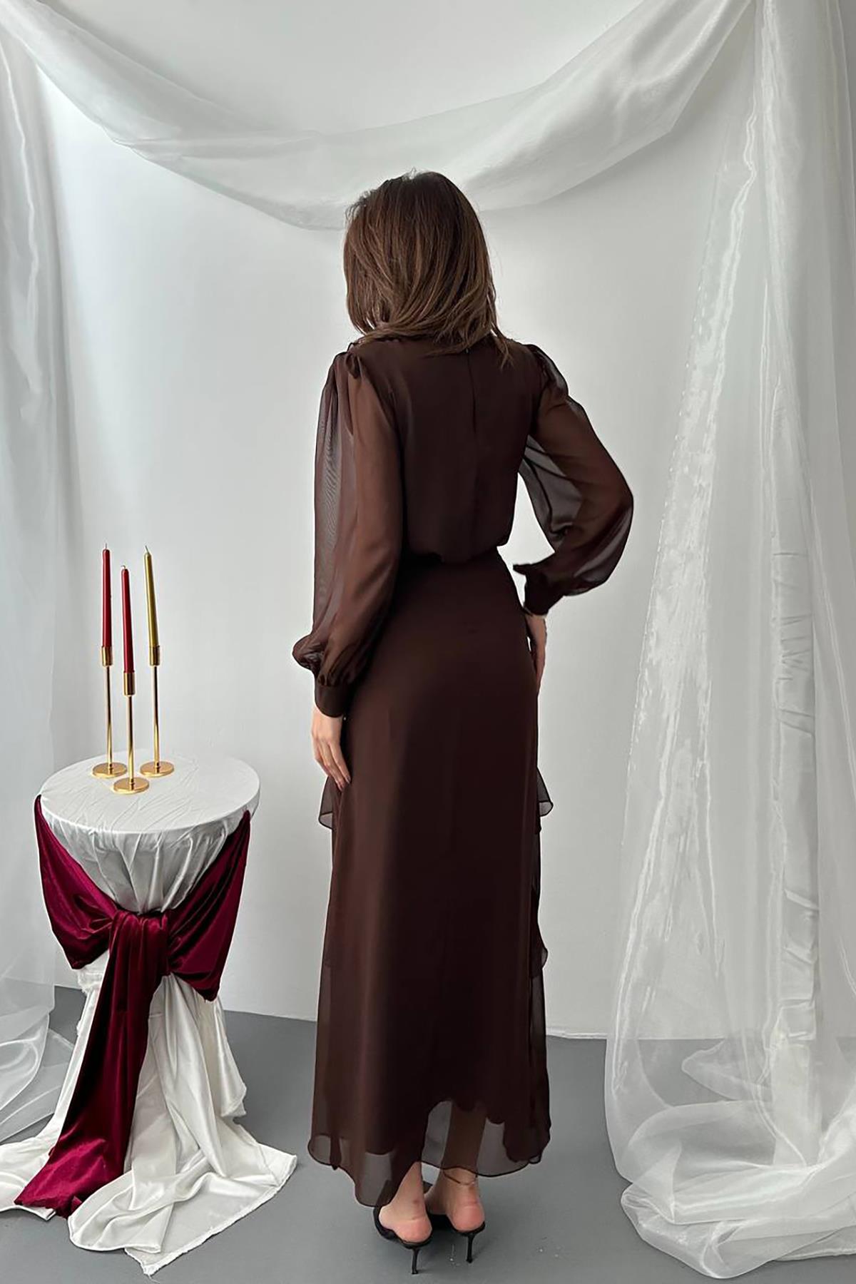 Toptan Kahverengi Fırfırlı Şifon Takım