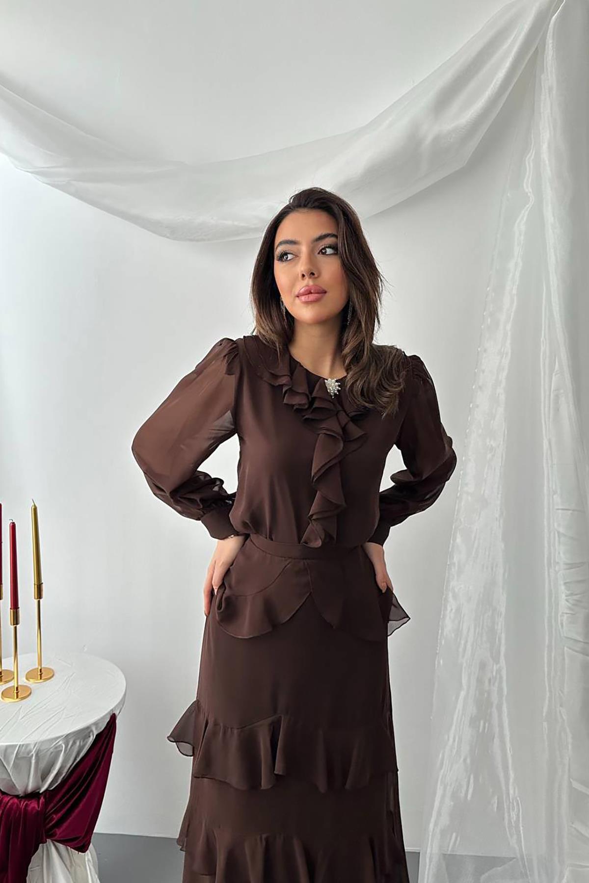 Toptan Kahverengi Fırfırlı Şifon Takım