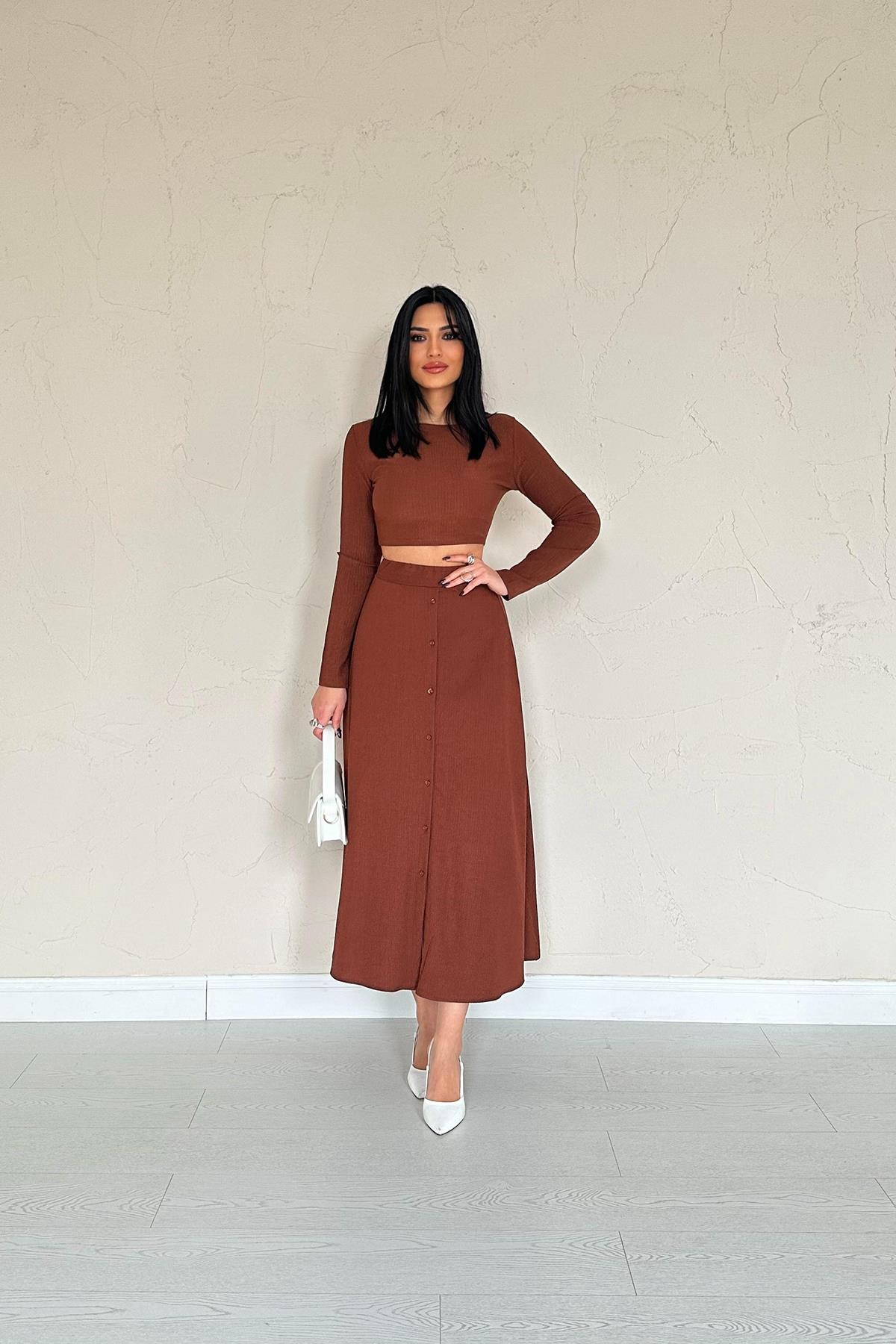 Toptan Kahverengi Fitilli Bluz & Etek Takım Kahve L