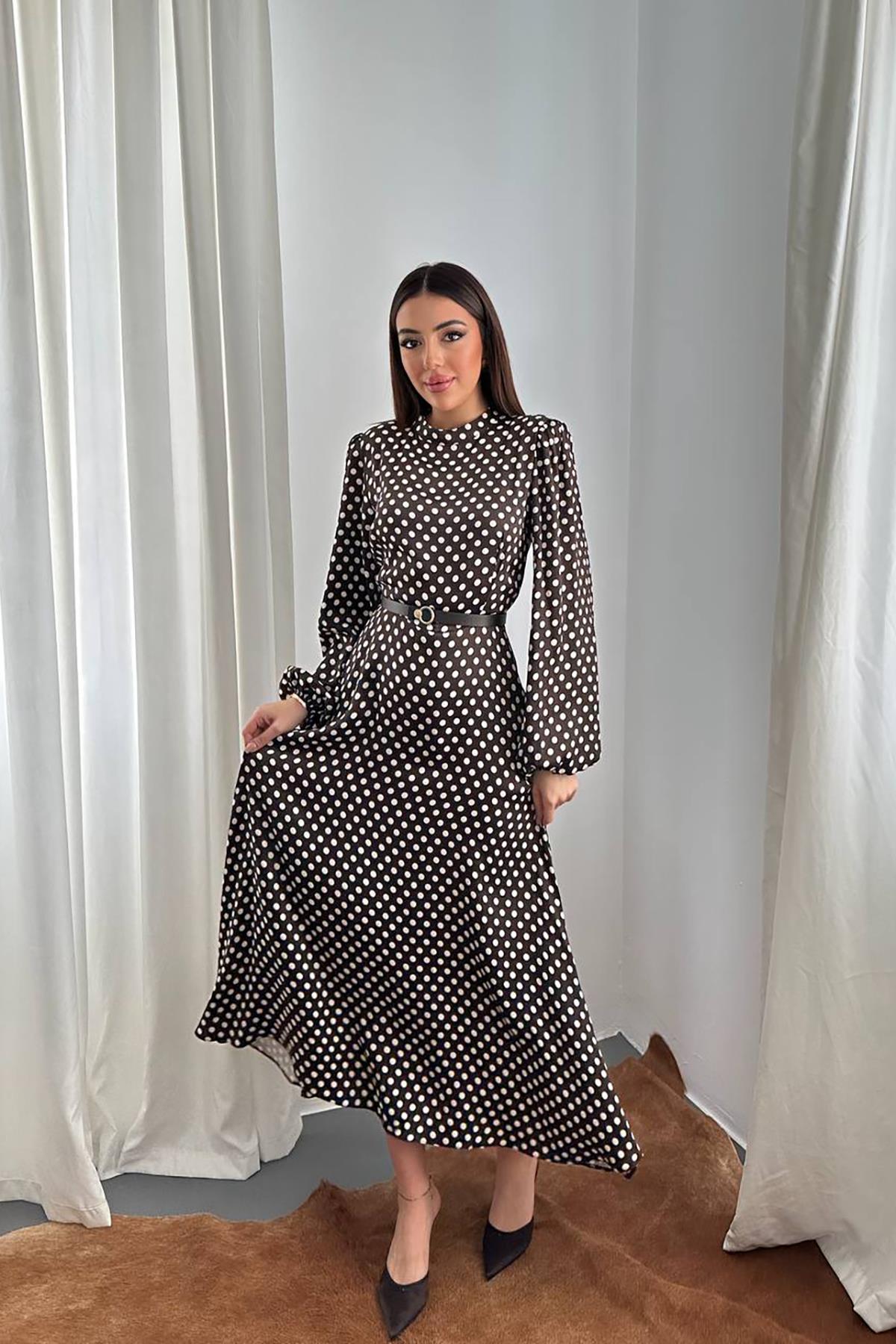 Toptan Kahverengi Kemer Detaylı Puantiyeli Elbise Kahverengi L