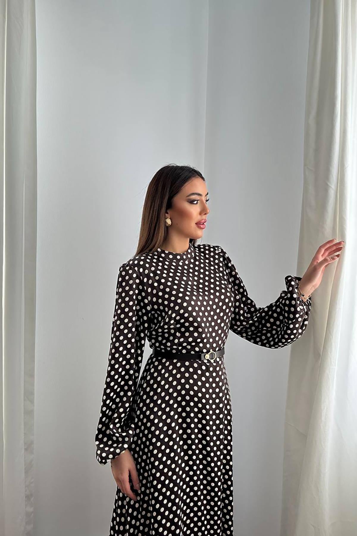 Toptan Kahverengi Kemer Detaylı Puantiyeli Elbise