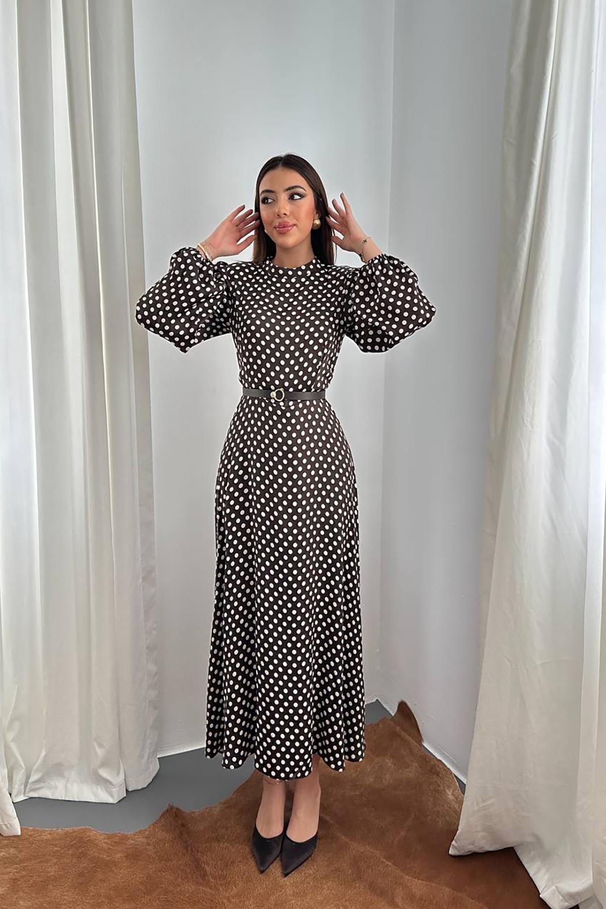 Toptan Kahverengi Kemer Detaylı Puantiyeli Elbise