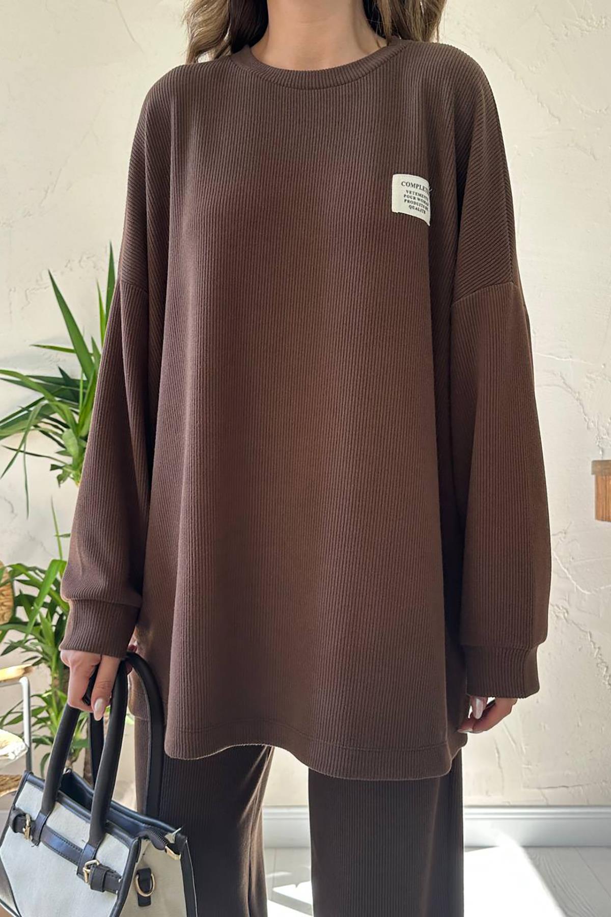 Toptan Kahverengi Klasik Fitilli Kazak Ve Pantolon Takım