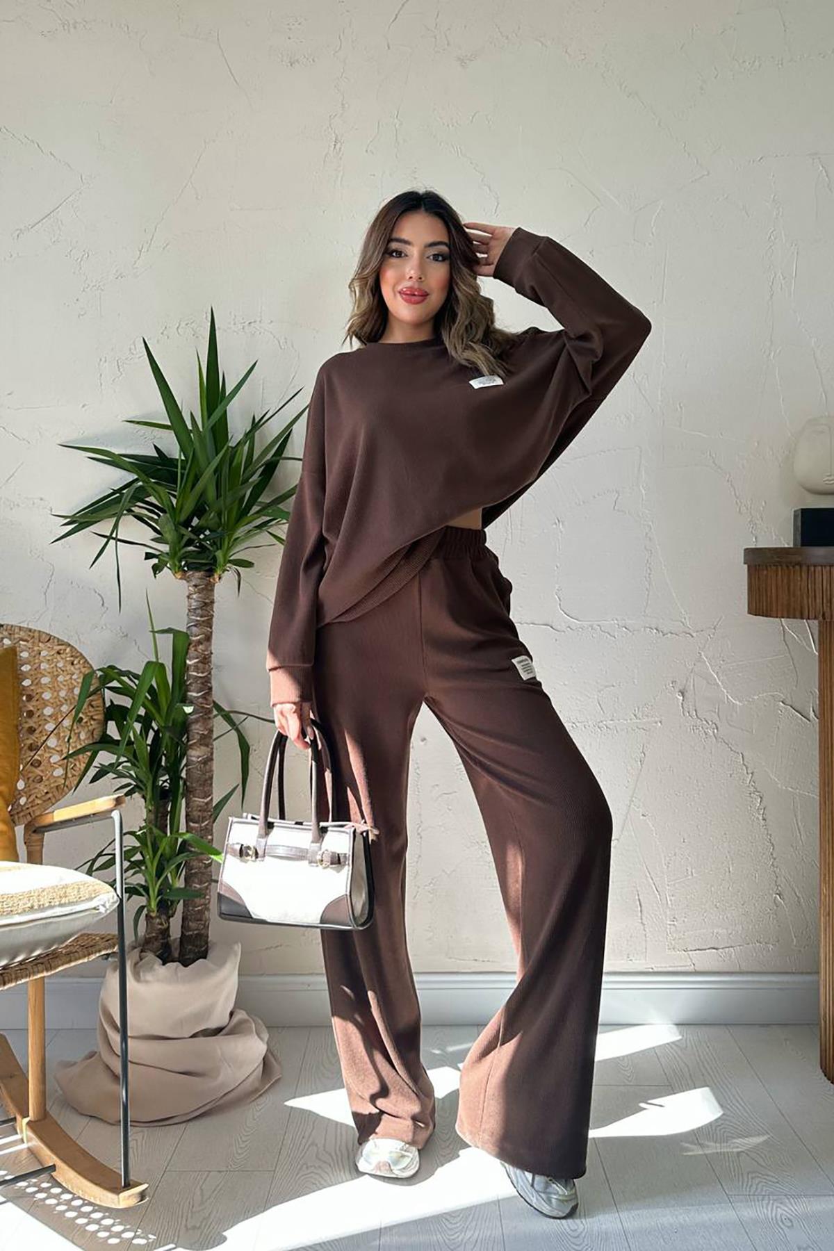 Toptan Kahverengi Klasik Fitilli Kazak Ve Pantolon Takım Kahverengi L