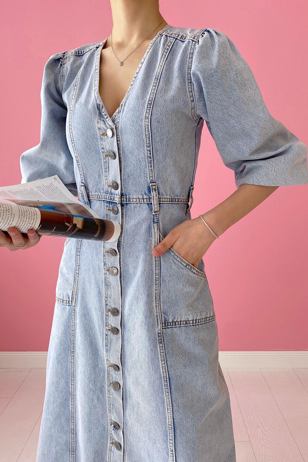 Toptan Kar Yıkama Balon Kol Kot Elbise