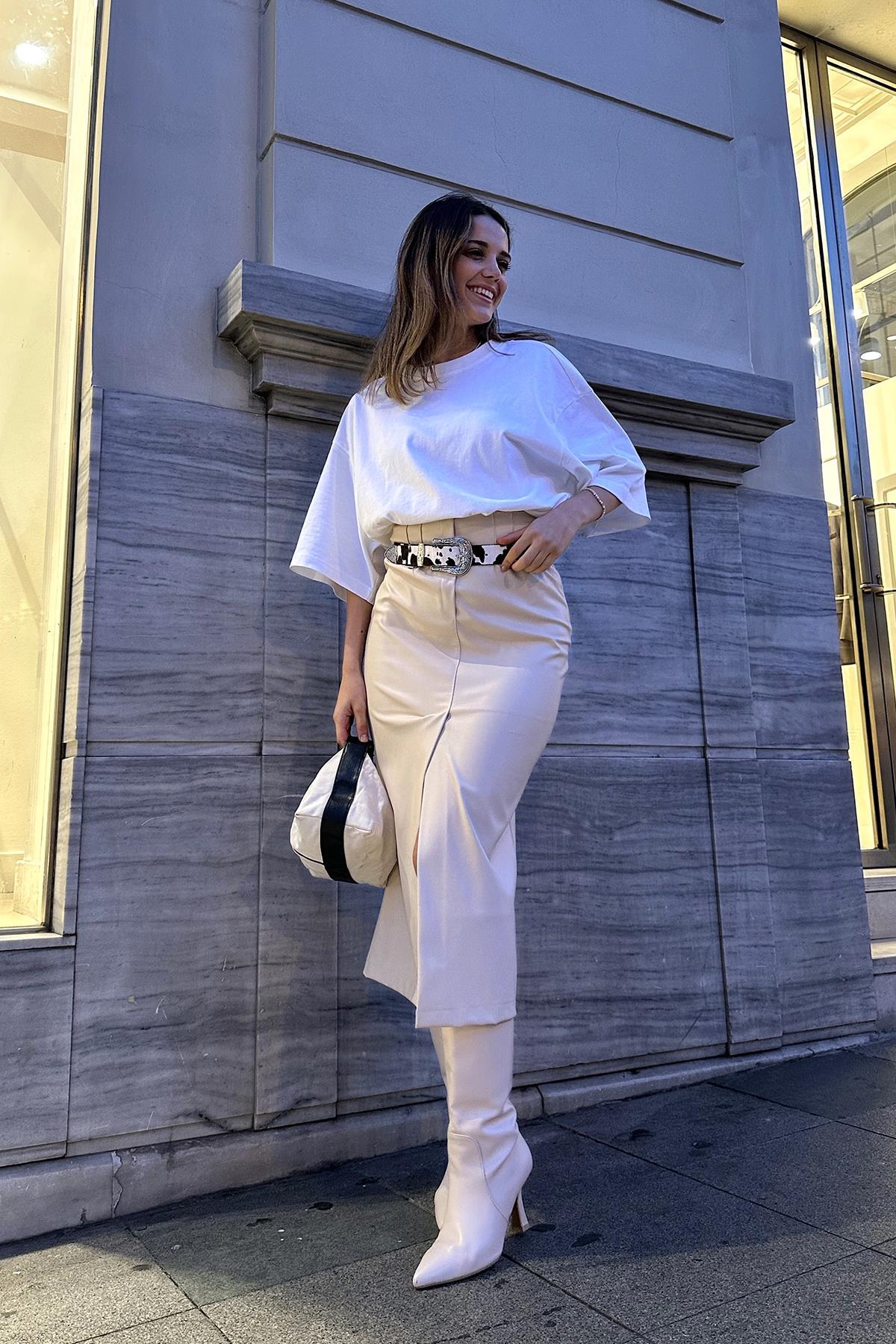 Toptan Kemik Yırtmaçlı Süs Patlı Etek Kemik L