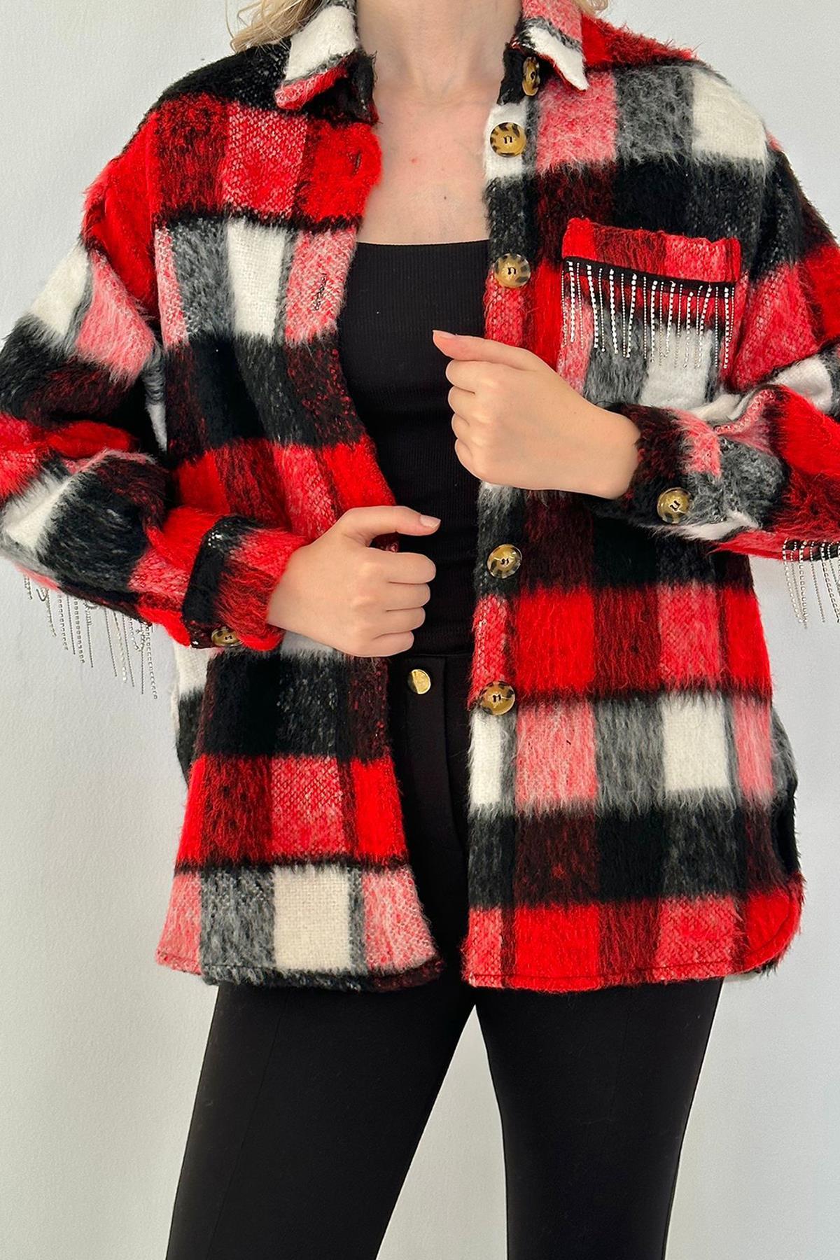 Toptan Kırmızı Buklet Cepli Zincir Taşlı Gömlek