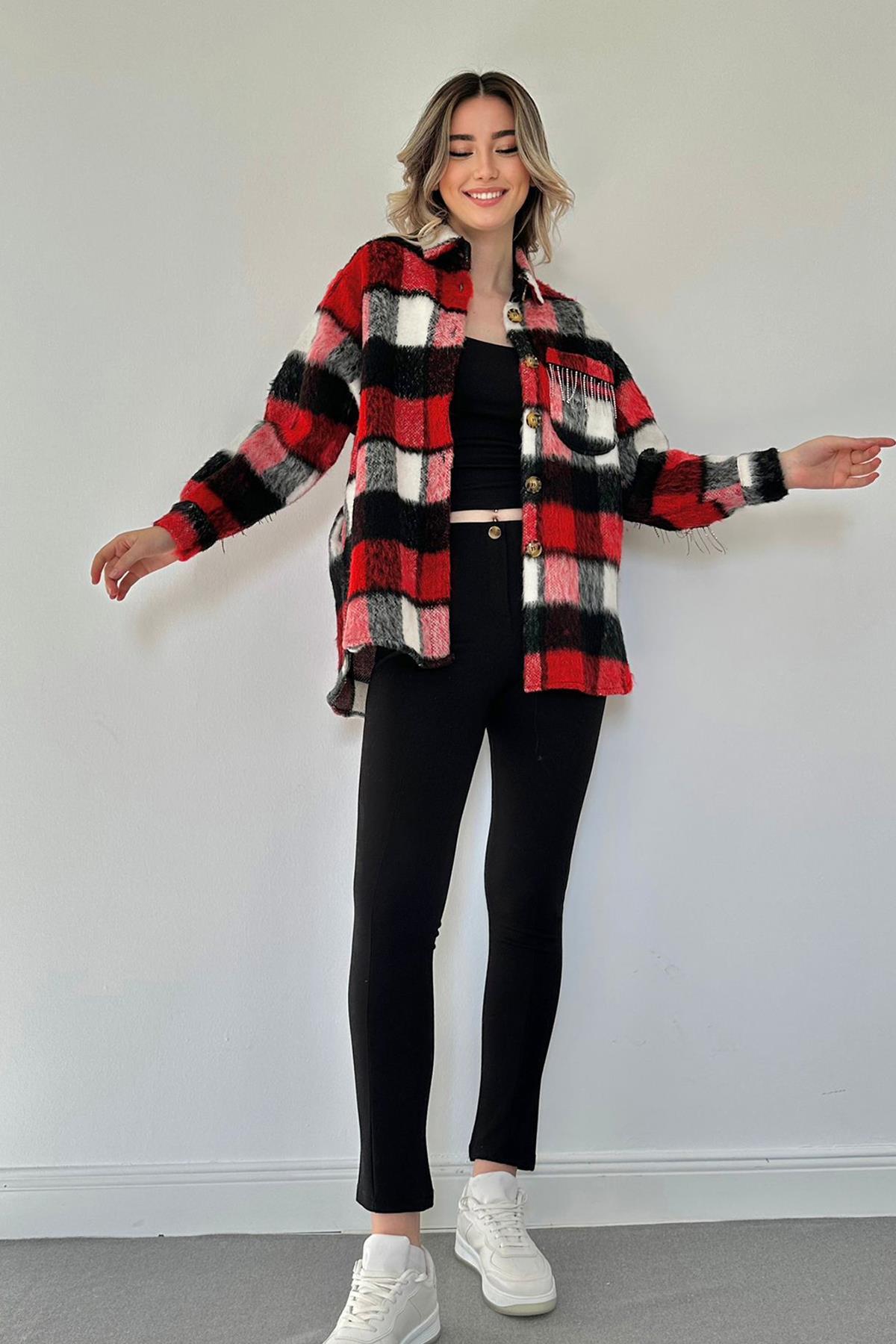 Toptan Kırmızı Buklet Cepli Zincir Taşlı Gömlek