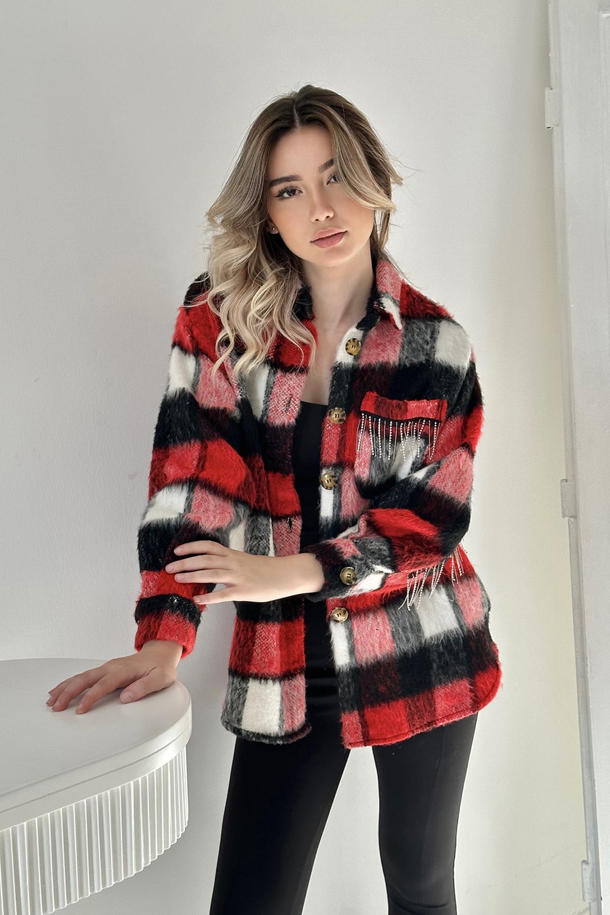 Toptan Kırmızı Buklet Cepli Zincir Taşlı Gömlek Kırmızı L