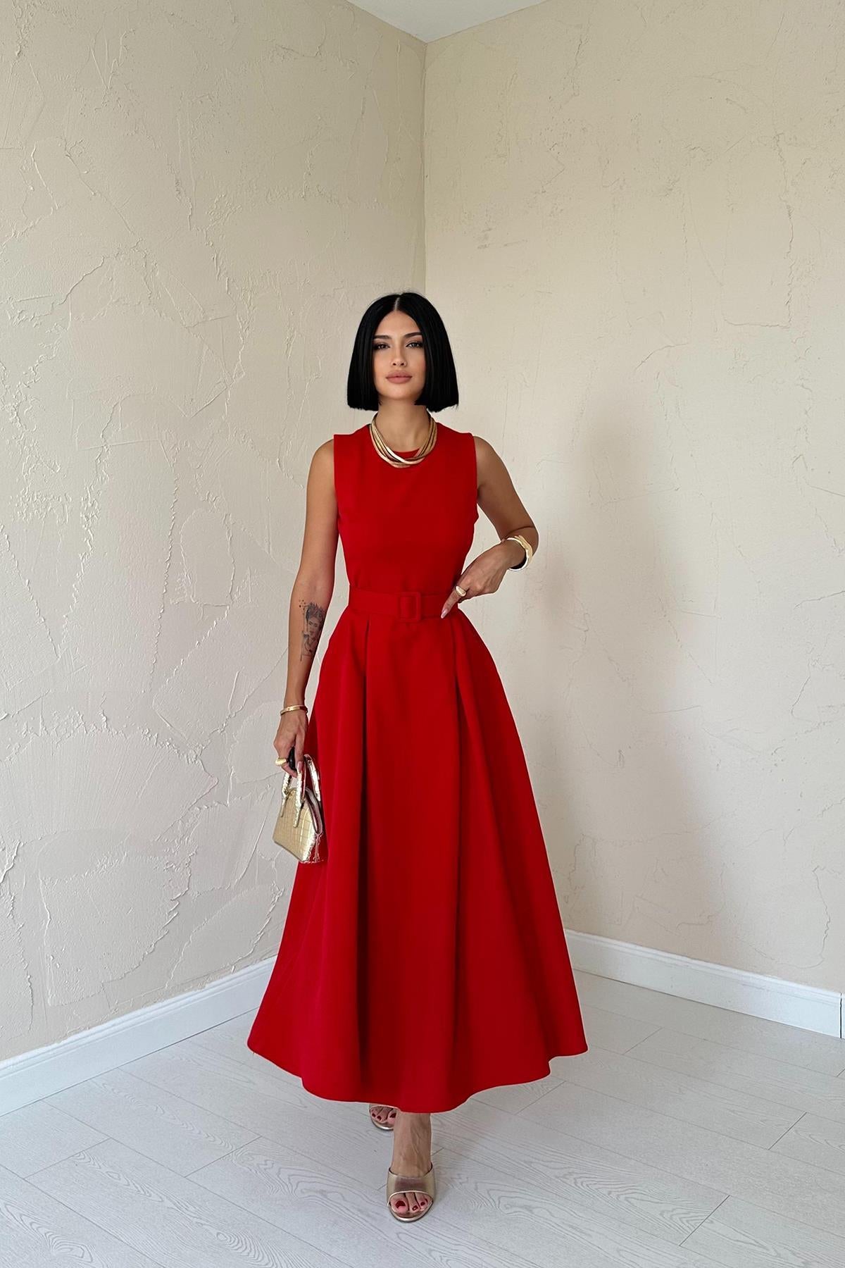 Toptan Kırmızı Halter Yaka Kloş Elbise Kırmızı L
