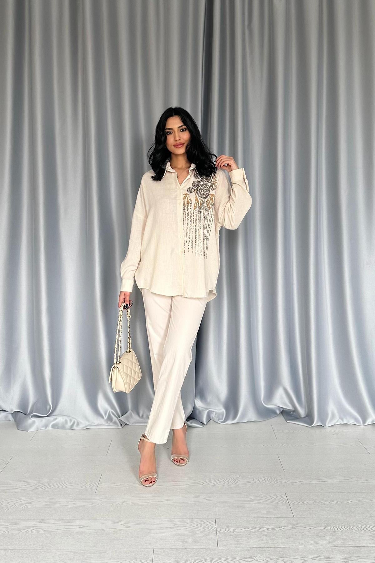 Toptan Krem Pulpayet Nakışlı Bedensiz Gömlek Krem STD