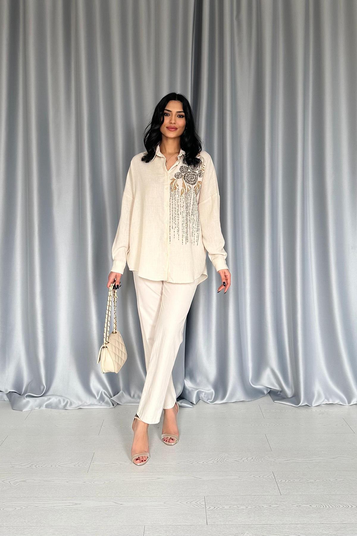 Toptan Krem Pulpayet Nakışlı Bedensiz Gömlek