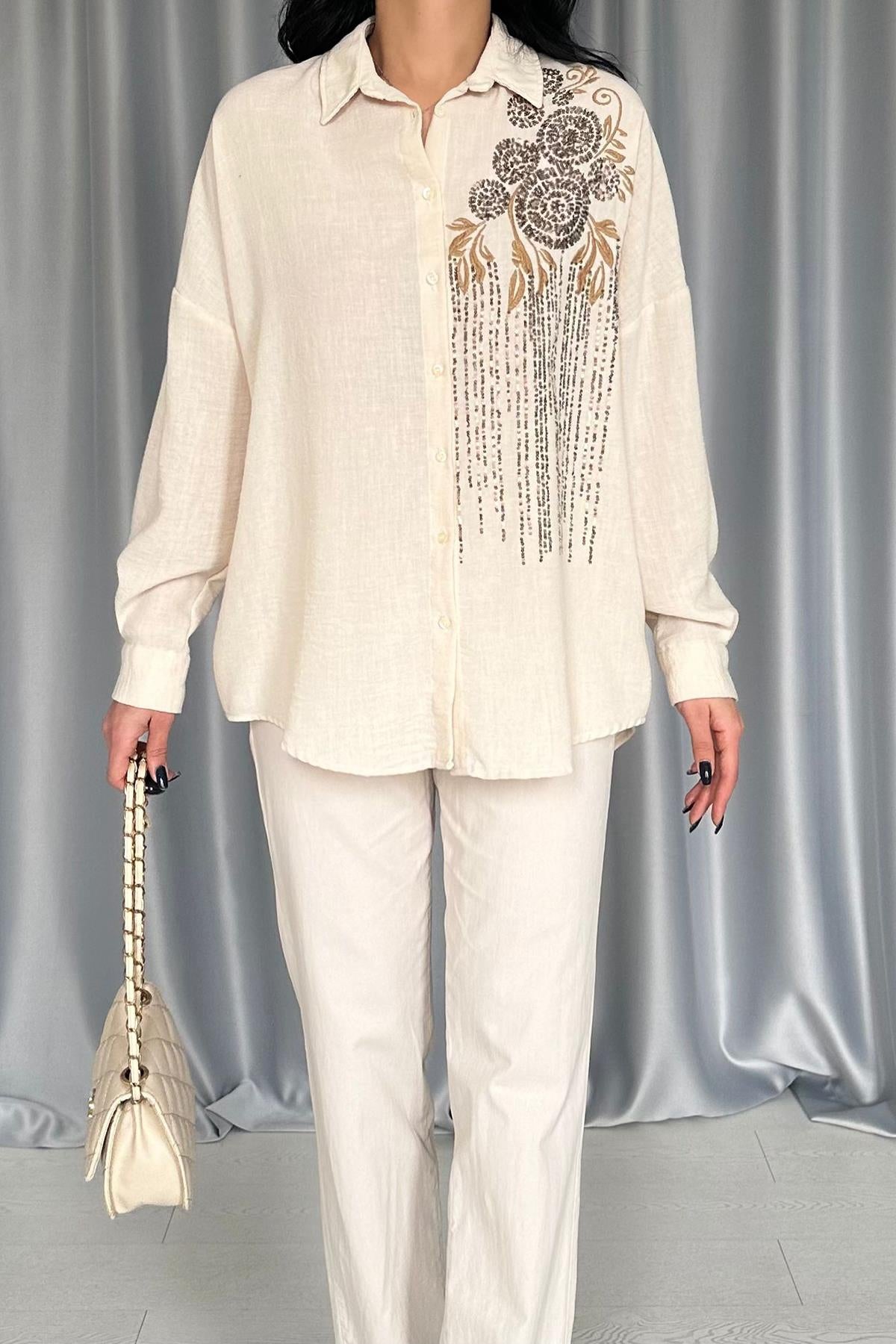 Toptan Krem Pulpayet Nakışlı Bedensiz Gömlek