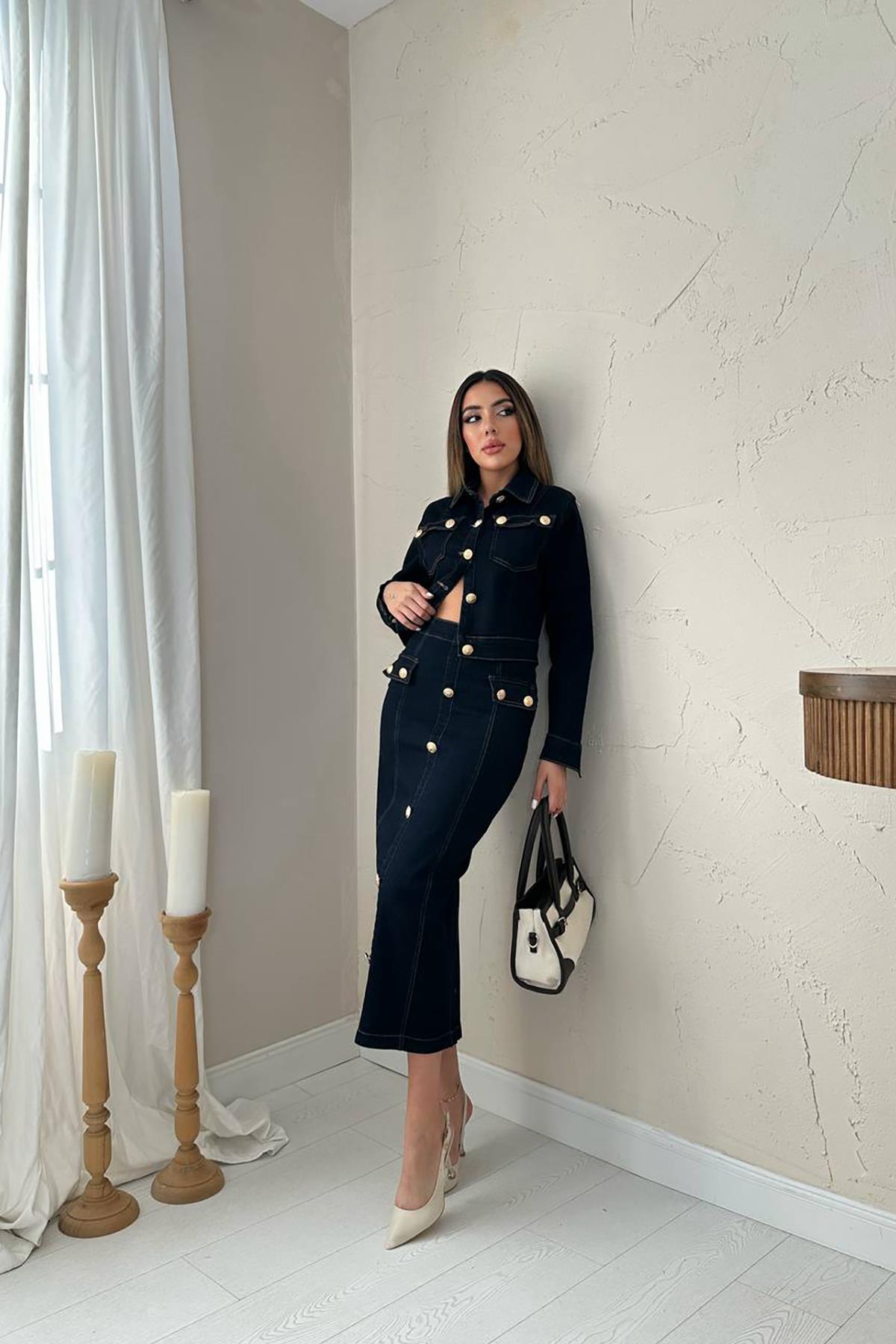 Toptan Lacivert Gold Düğmeli Likralı Kot Takım