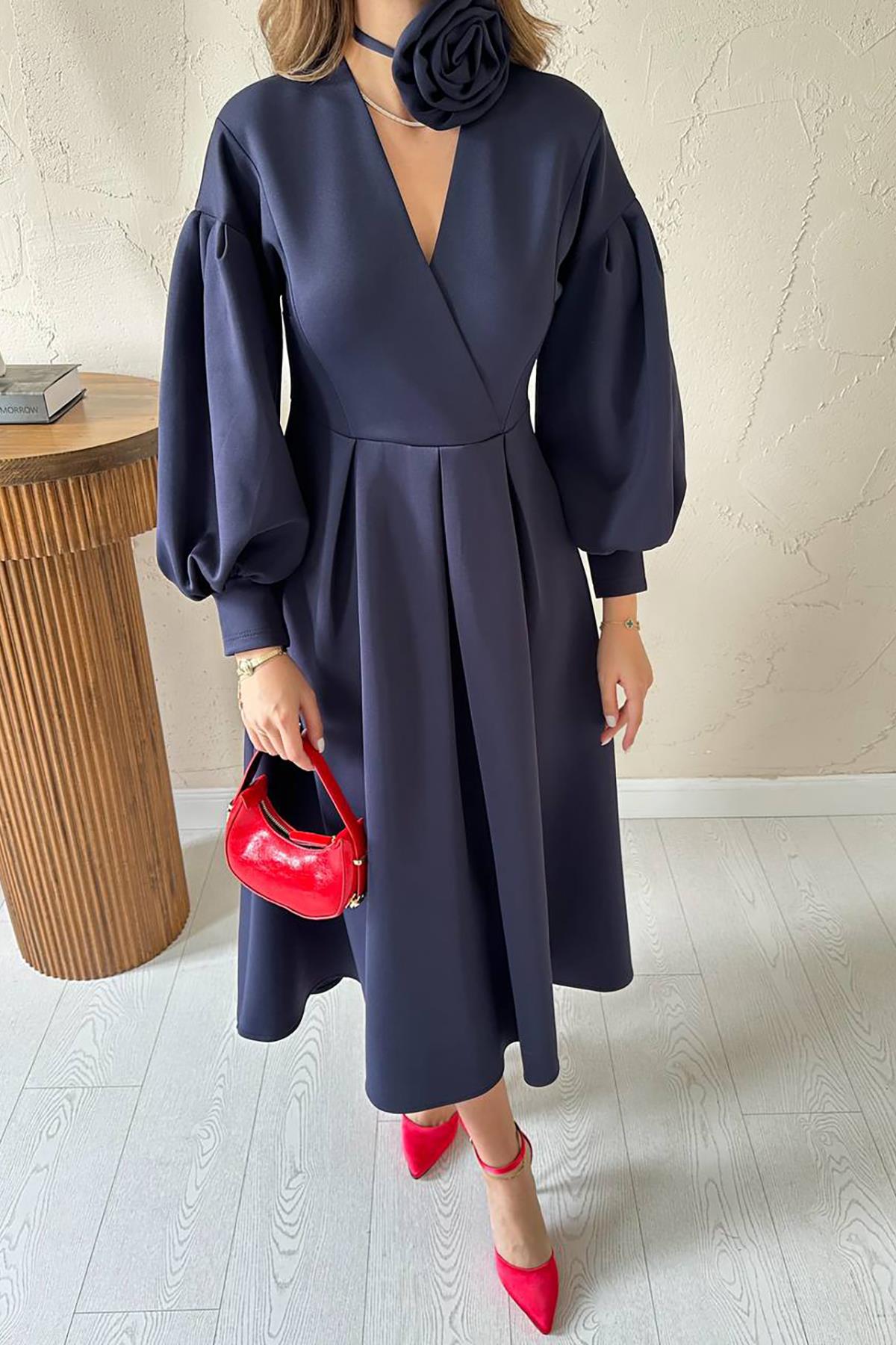 Toptan Lacivert Gül Detaylı Scuba Elbise