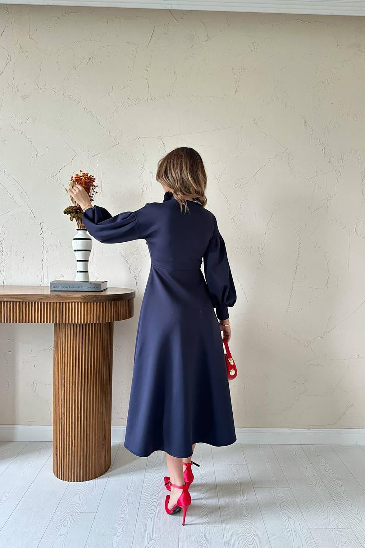 Toptan Lacivert Gül Detaylı Scuba Elbise