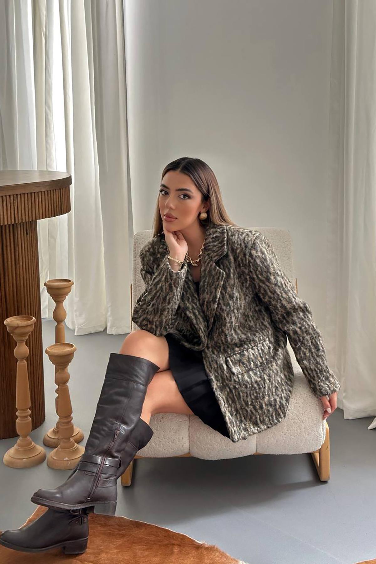 Toptan Leopar Leopar Yünlü Ceket