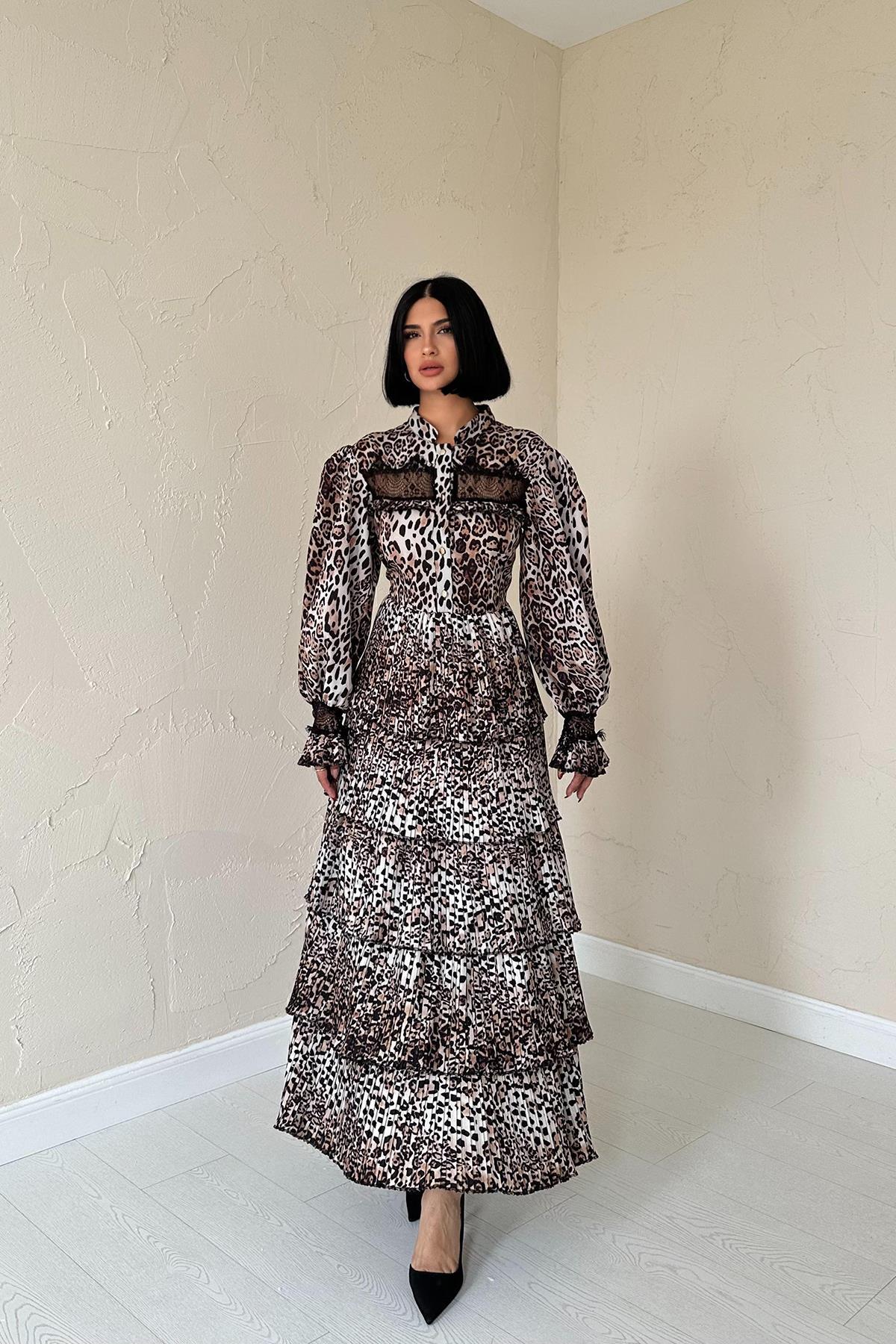 Toptan Leopar Pilise Detaylı Lastikli Elbise Leopar L