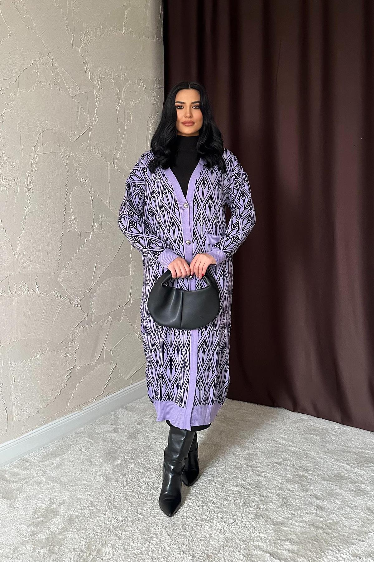 Toptan Lila Düğmeli Triko Hırka