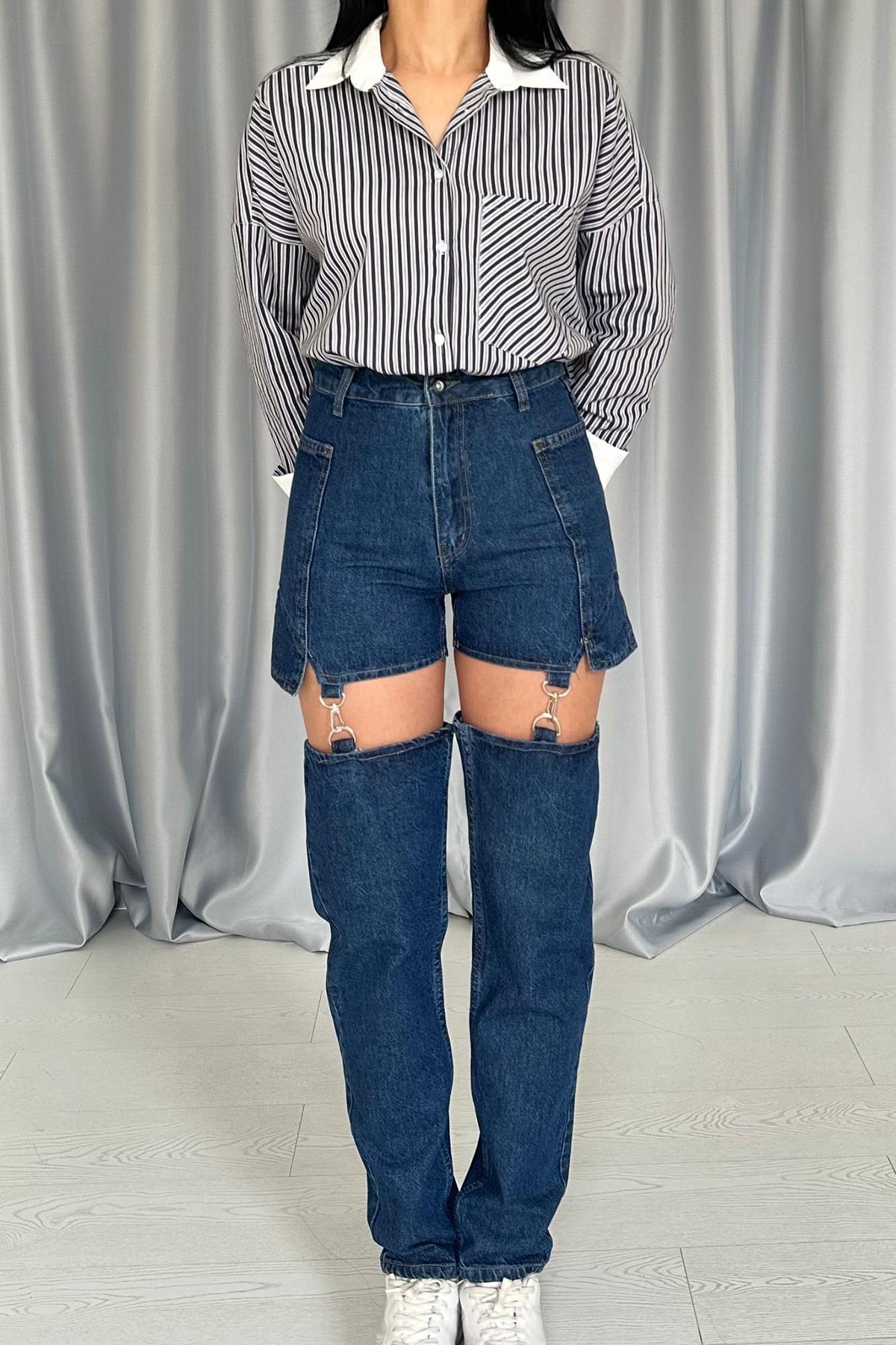 Toptan Mavi Askılı İki Parça Jeans Pantolon